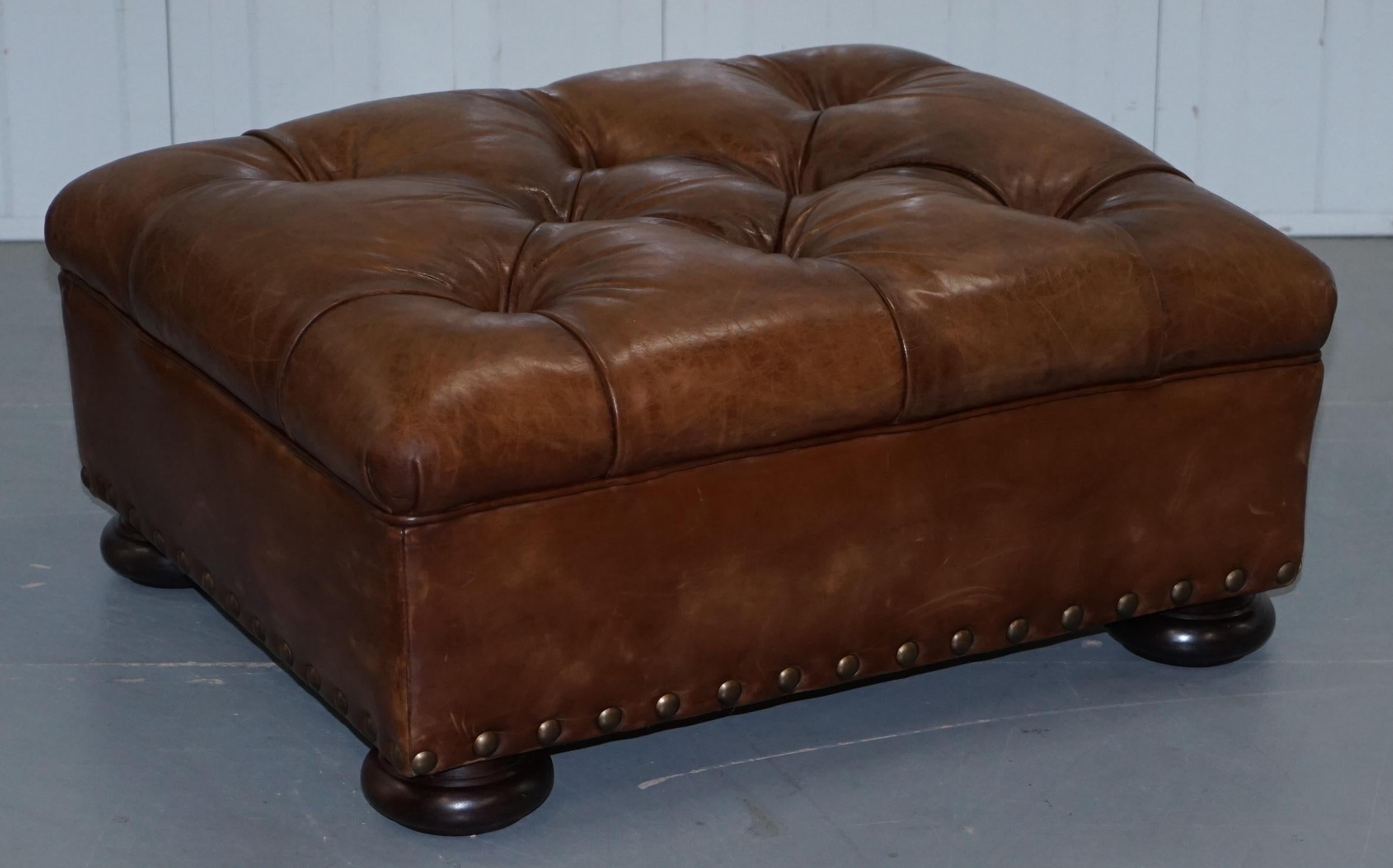 Ralph Lauren Writer's Aged Brown Leather Armchair and Footstool Ottoman 5