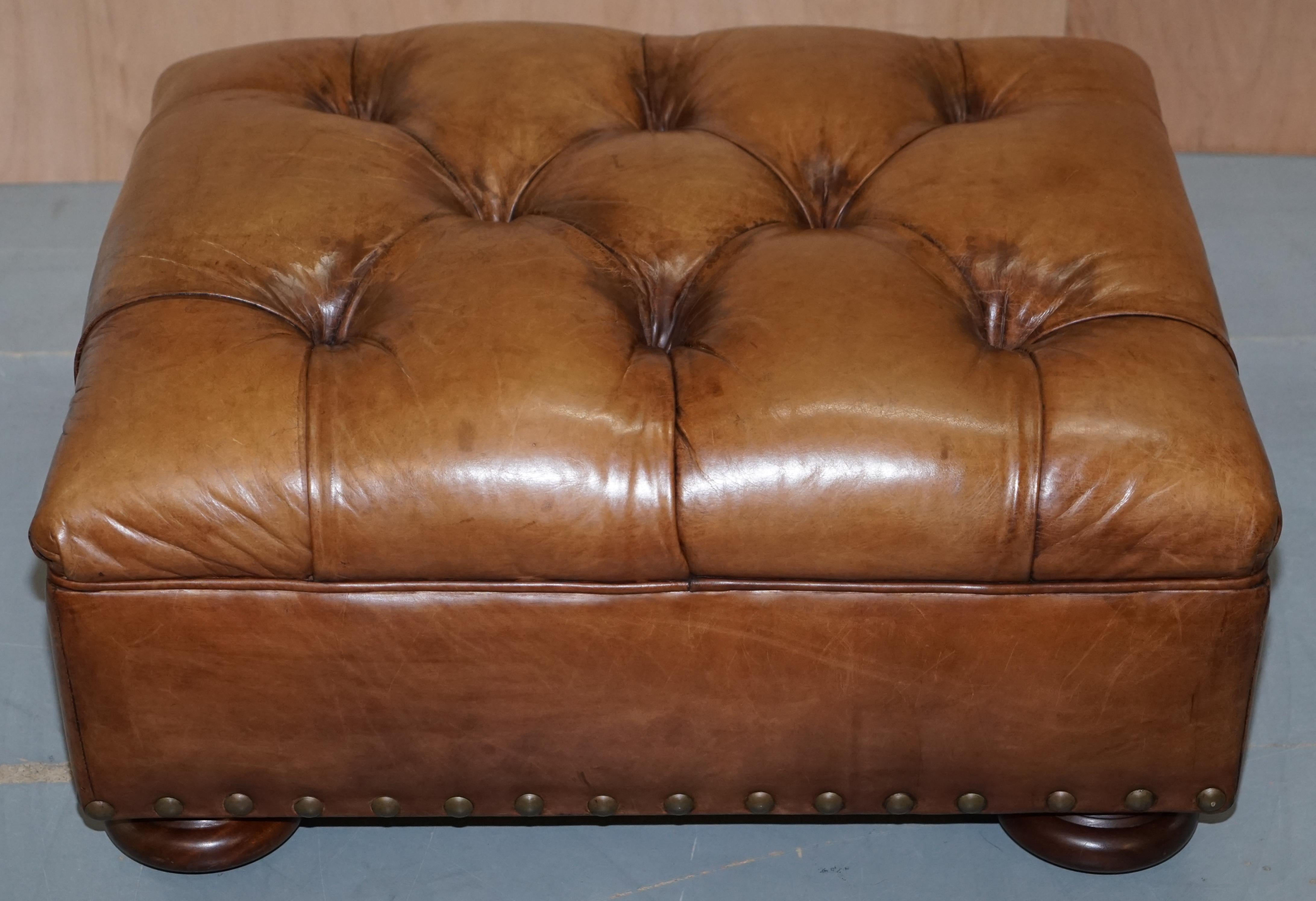 Ralph Lauren Writer's Aged Brown Leather Armchair and Footstool Ottoman 7