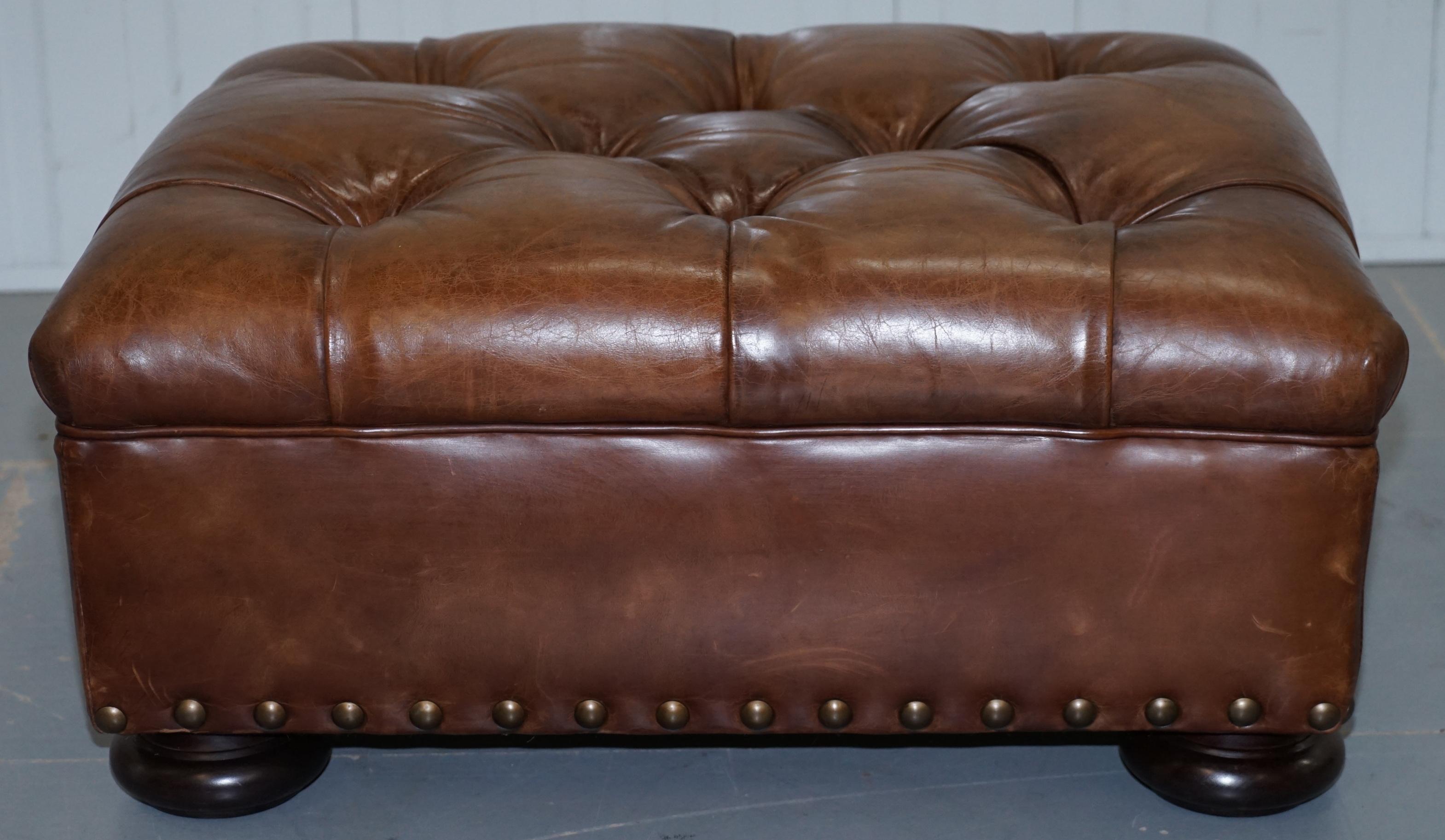 Ralph Lauren Writer's Aged Brown Leather Armchair and Footstool Ottoman 8