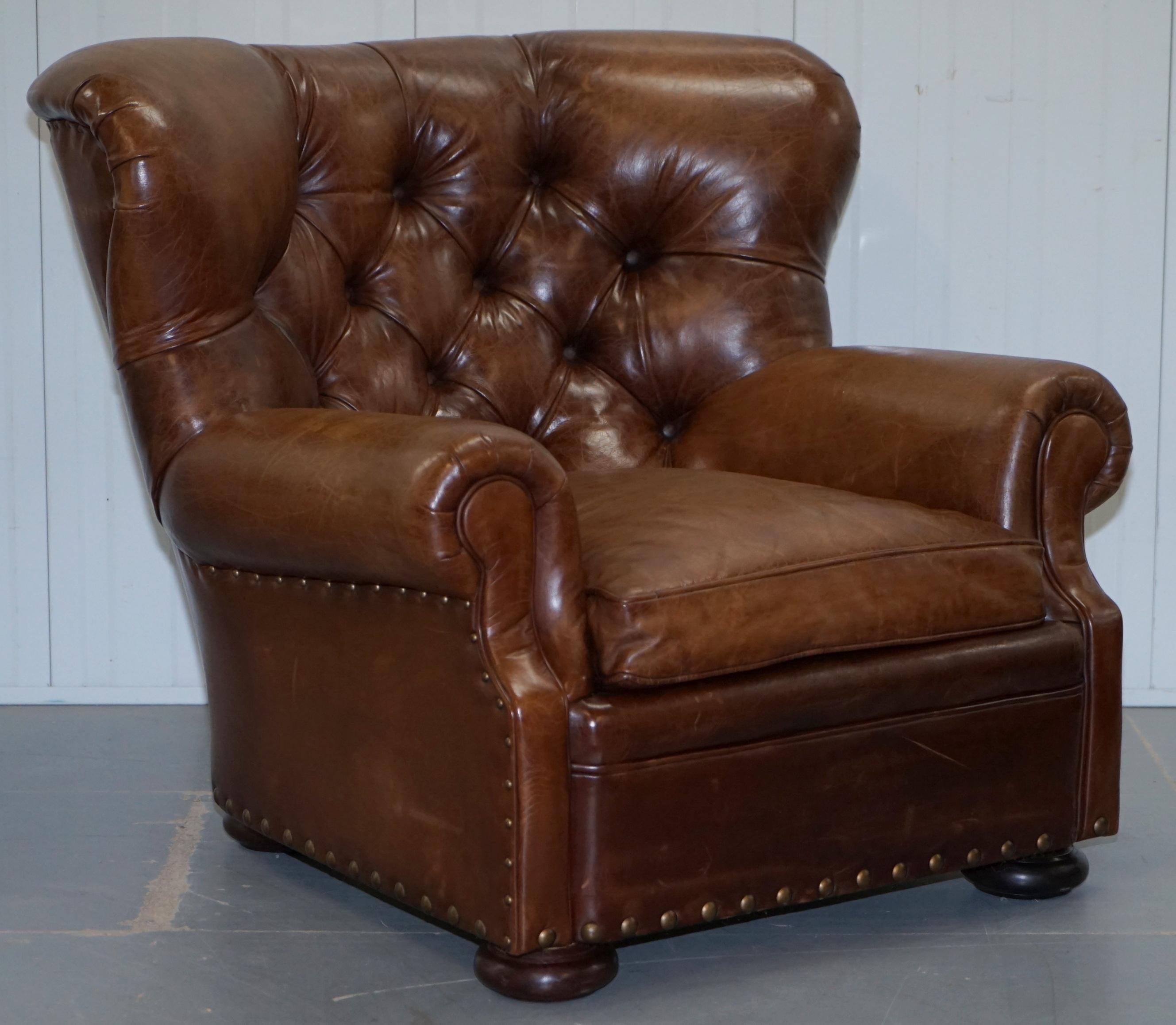 We are delighted to offer for sale this stunning original Ralph Lauren Writers armchair and matching ottoman RRP £10,800 in aged brown vintage leather armchair

A fantastic iconic armchair, the original has graced many a front page in its time, it