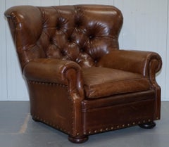 Ralph Lauren Writer's Aged Brown Leather Armchair and Footstool Ottoman