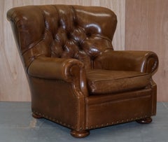 Ralph Lauren Writer's Aged Brown Leather Armchair and Footstool Ottoman