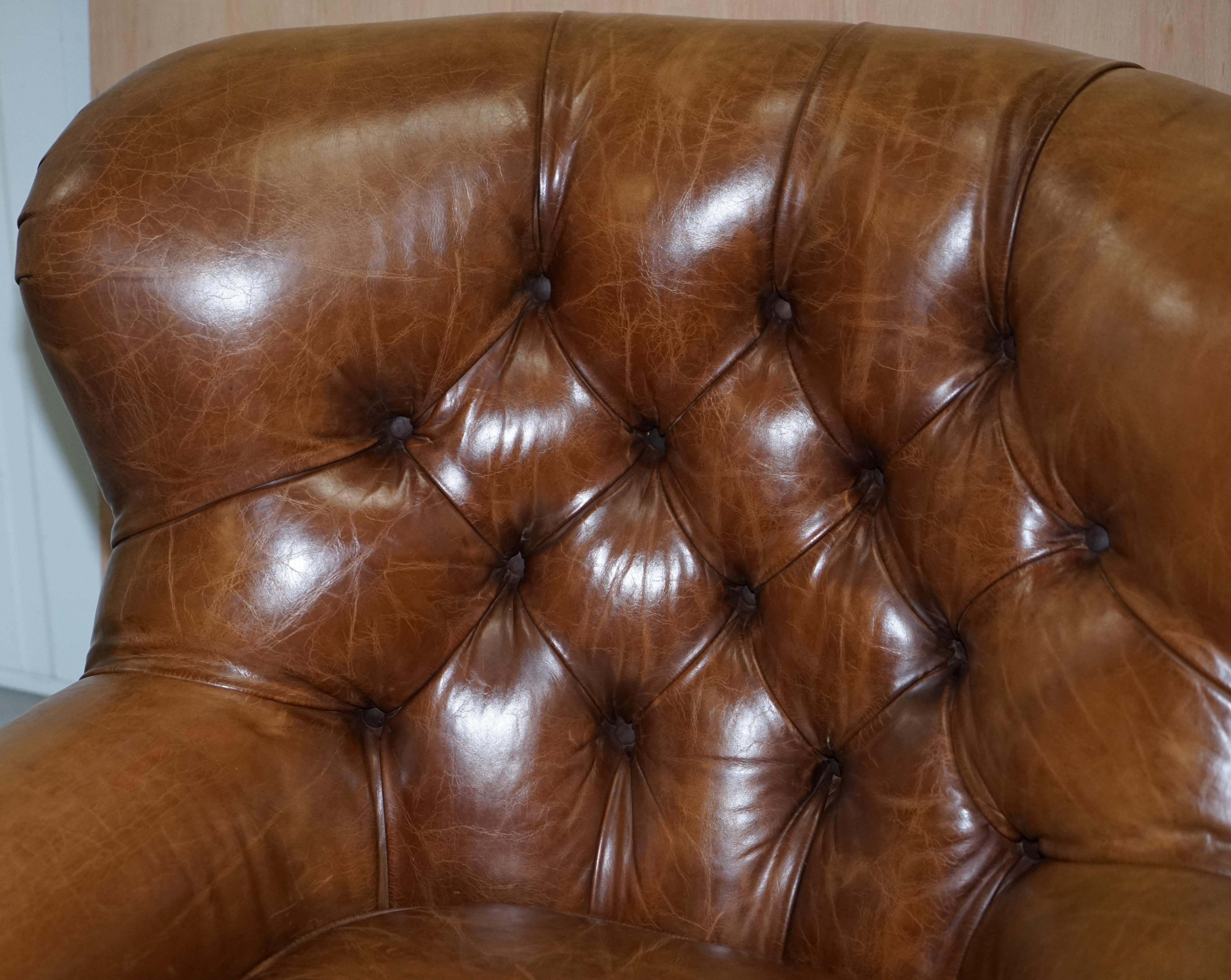 Modern  Ralph Lauren Writer's Aged Brown Leather Armchair and Footstool Ottoman