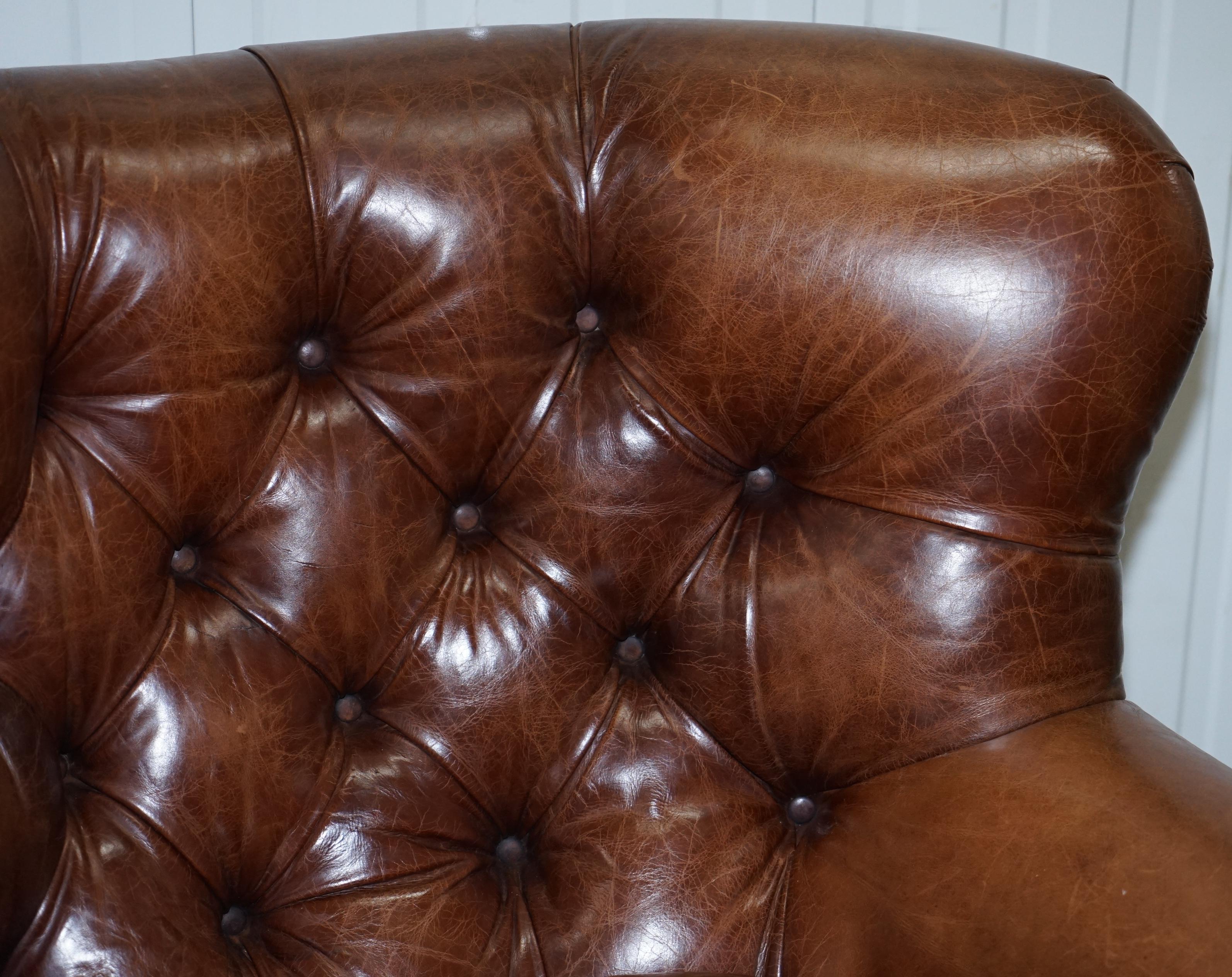 Modern Ralph Lauren Writer's Aged Brown Leather Armchair and Footstool Ottoman