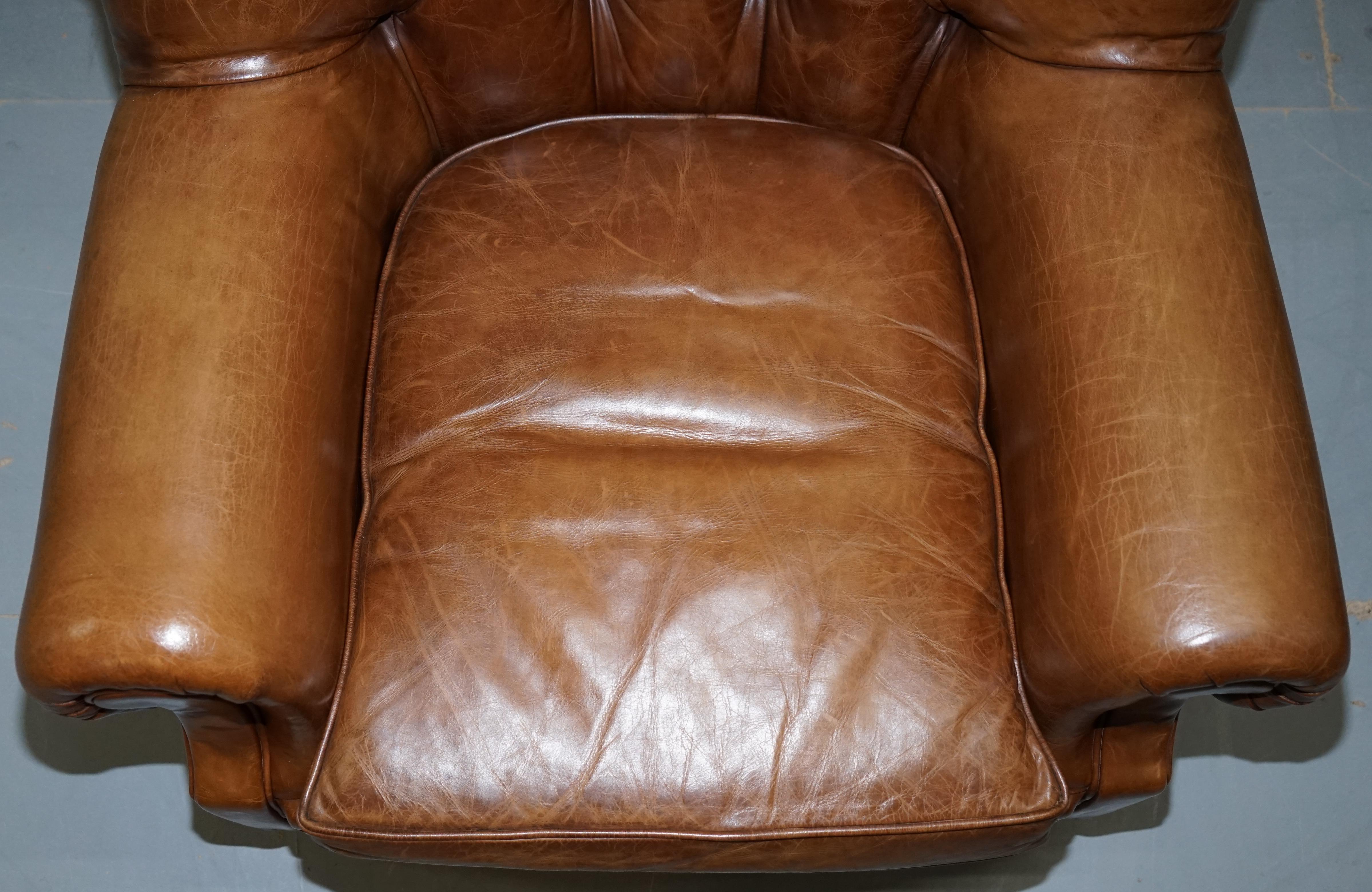 English  Ralph Lauren Writer's Aged Brown Leather Armchair and Footstool Ottoman