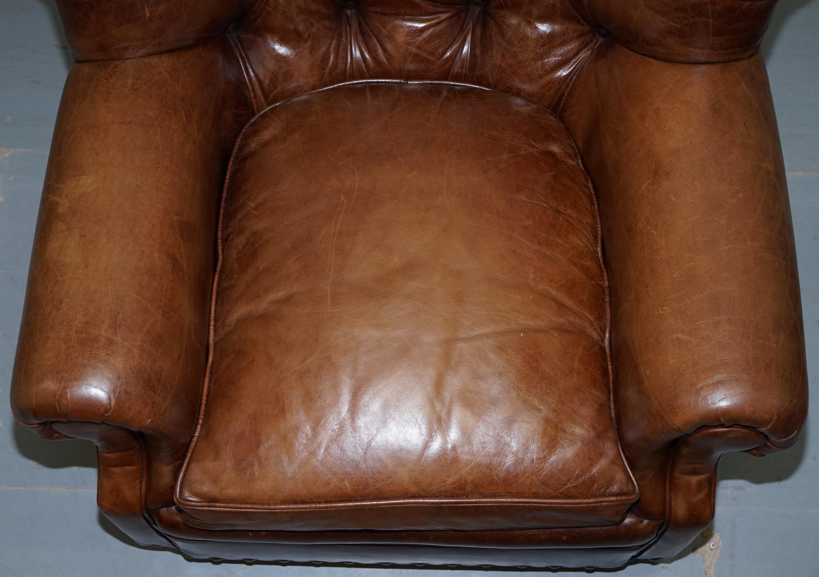 American Ralph Lauren Writer's Aged Brown Leather Armchair and Footstool Ottoman