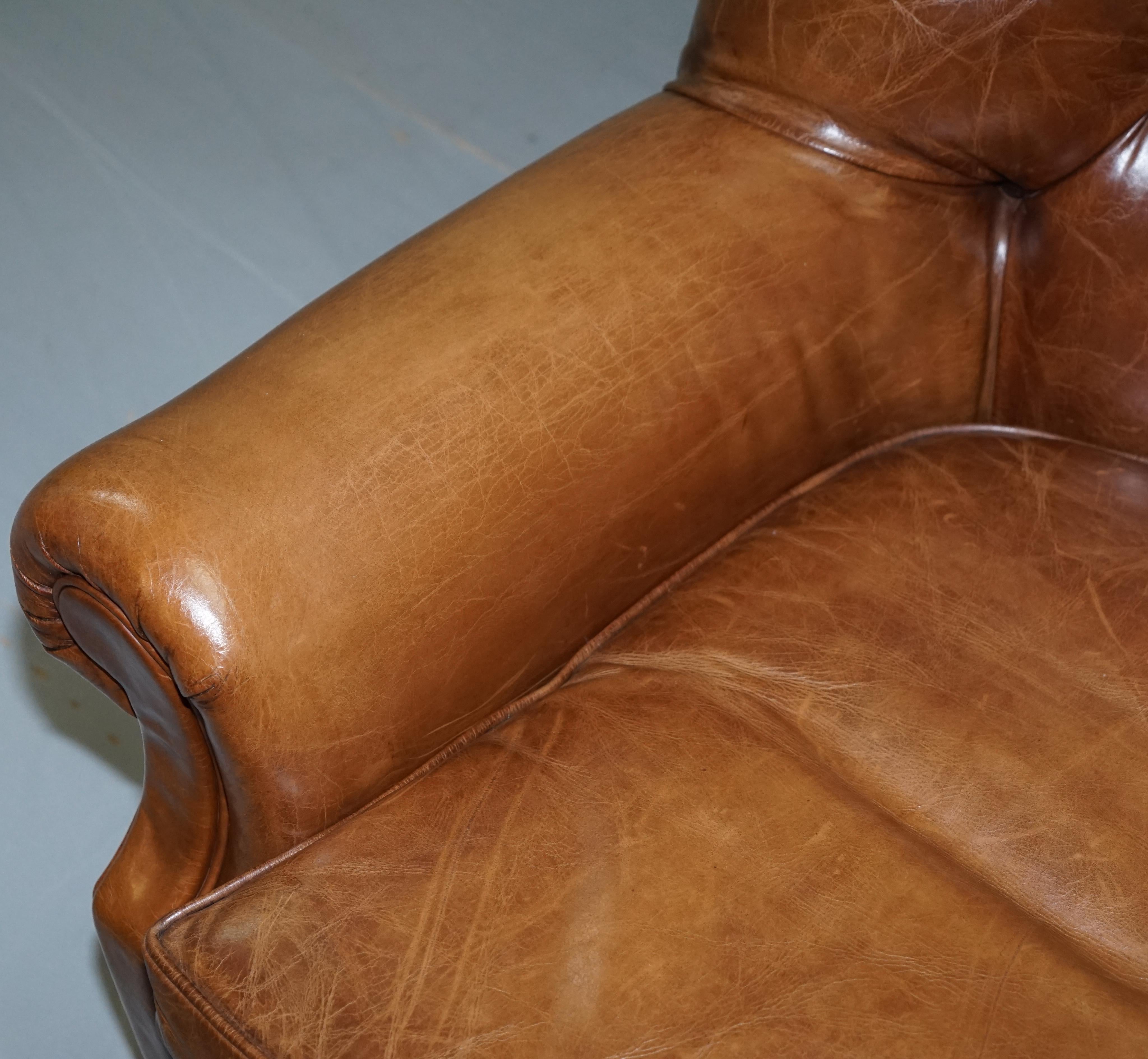 Hand-Crafted  Ralph Lauren Writer's Aged Brown Leather Armchair and Footstool Ottoman