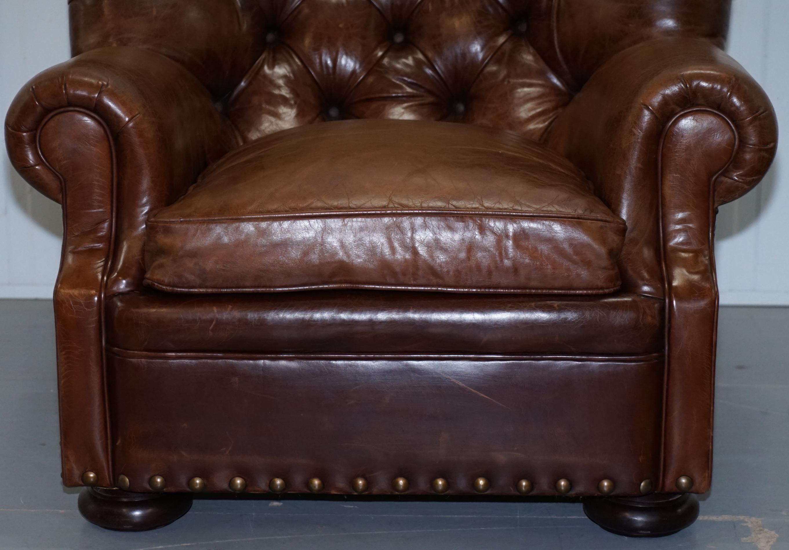 Hand-Crafted Ralph Lauren Writer's Aged Brown Leather Armchair and Footstool Ottoman