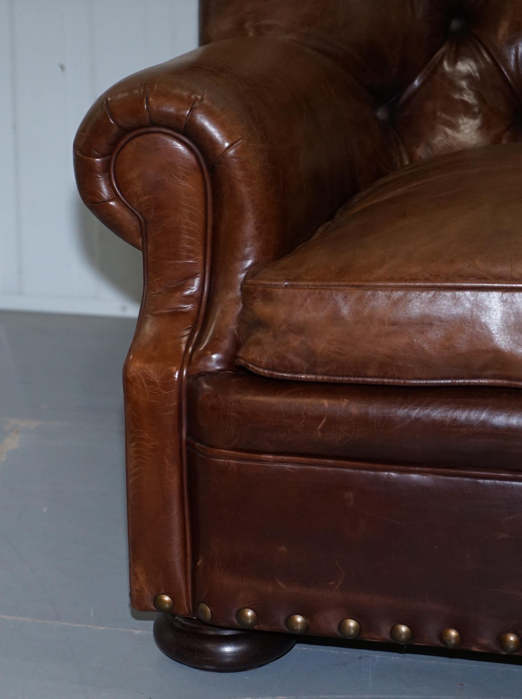 Ralph Lauren Writer's Aged Brown Leather Armchair and Footstool Ottoman In Good Condition In West Sussex, Pulborough