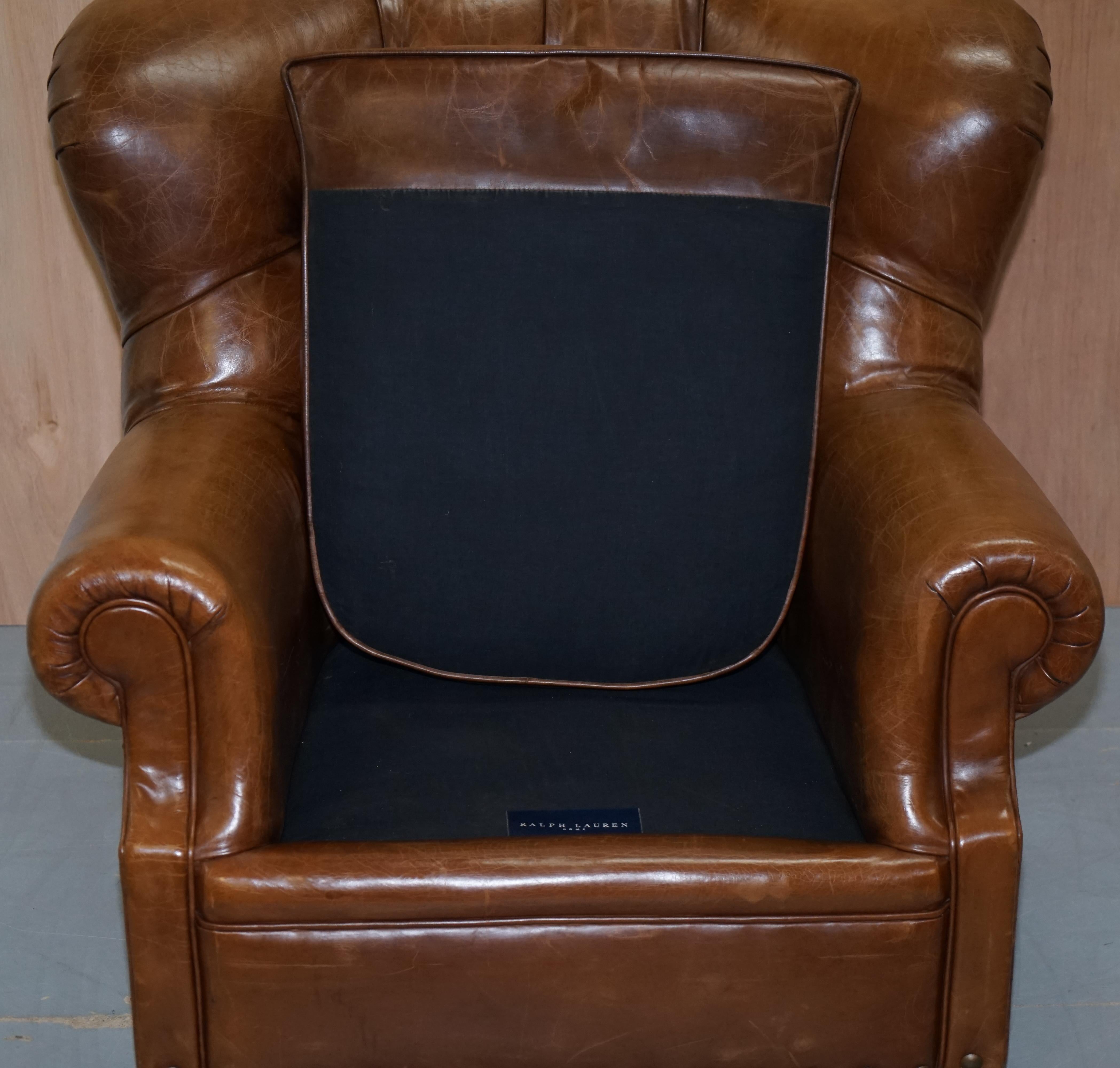  Ralph Lauren Writer's Aged Brown Leather Armchair and Footstool Ottoman 1