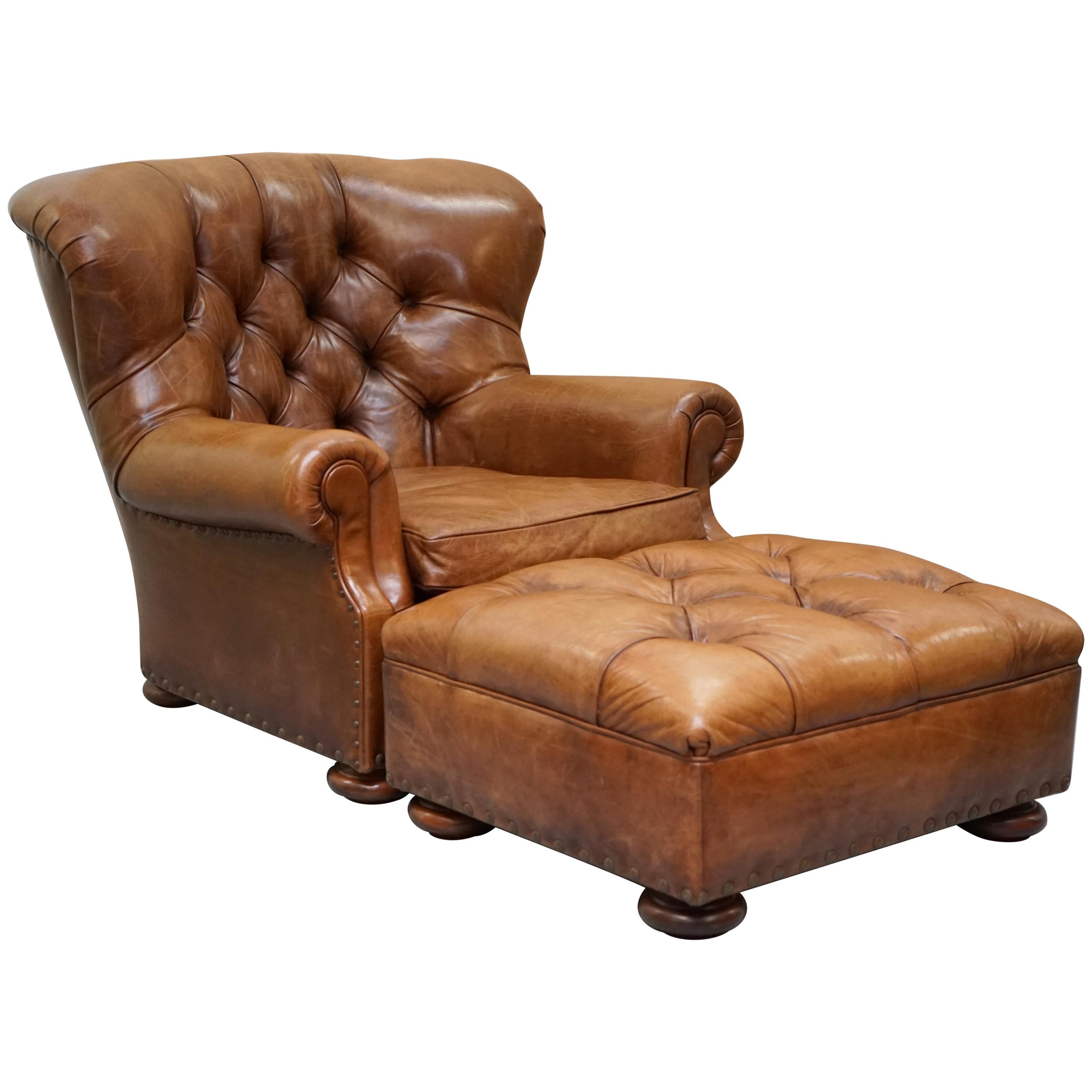  Ralph Lauren Writer's Aged Brown Leather Armchair and Footstool Ottoman