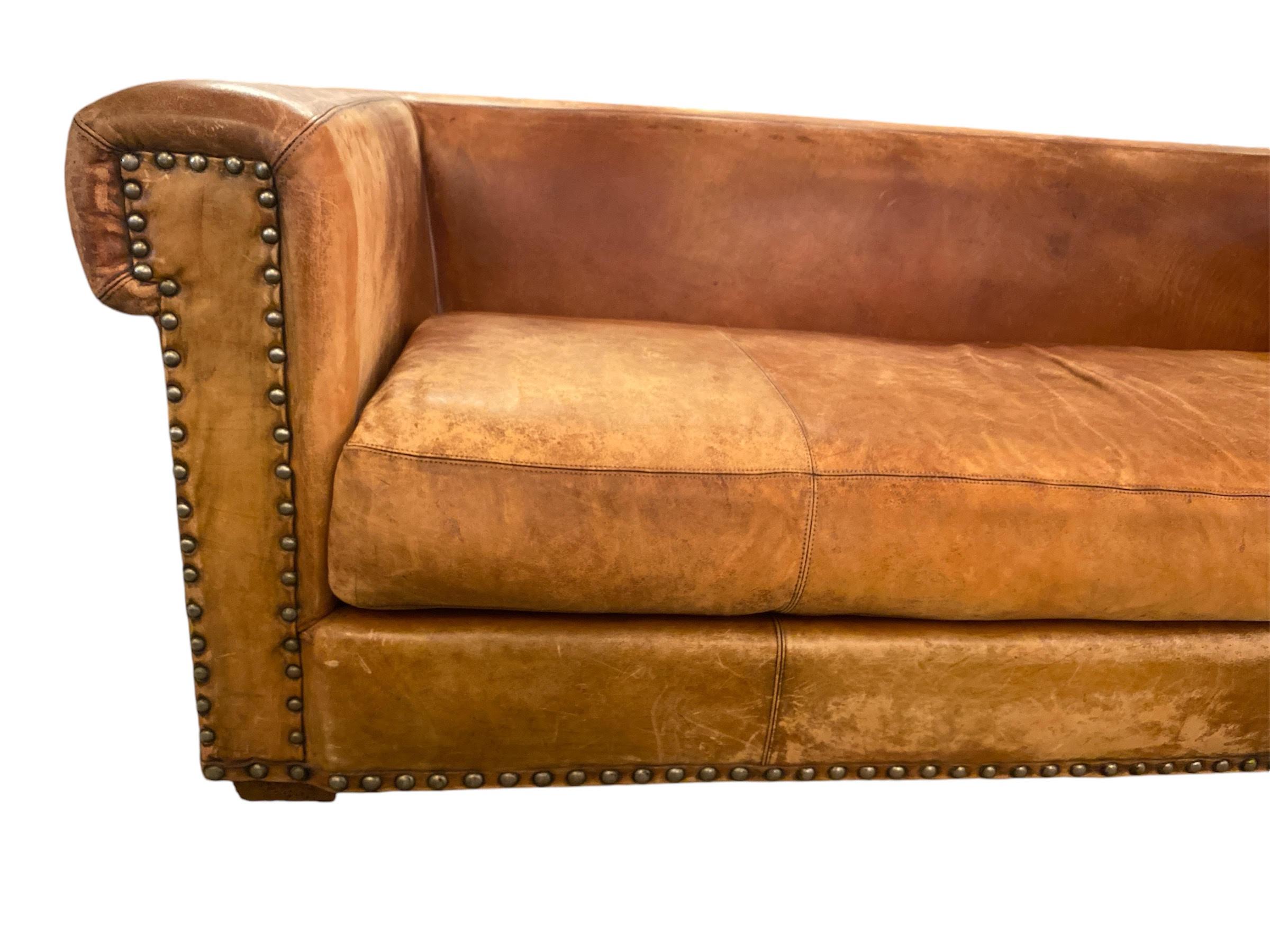 Mid-Century Modern Ralph Lauren Writer's Aged Brown Leather Leather Sofa