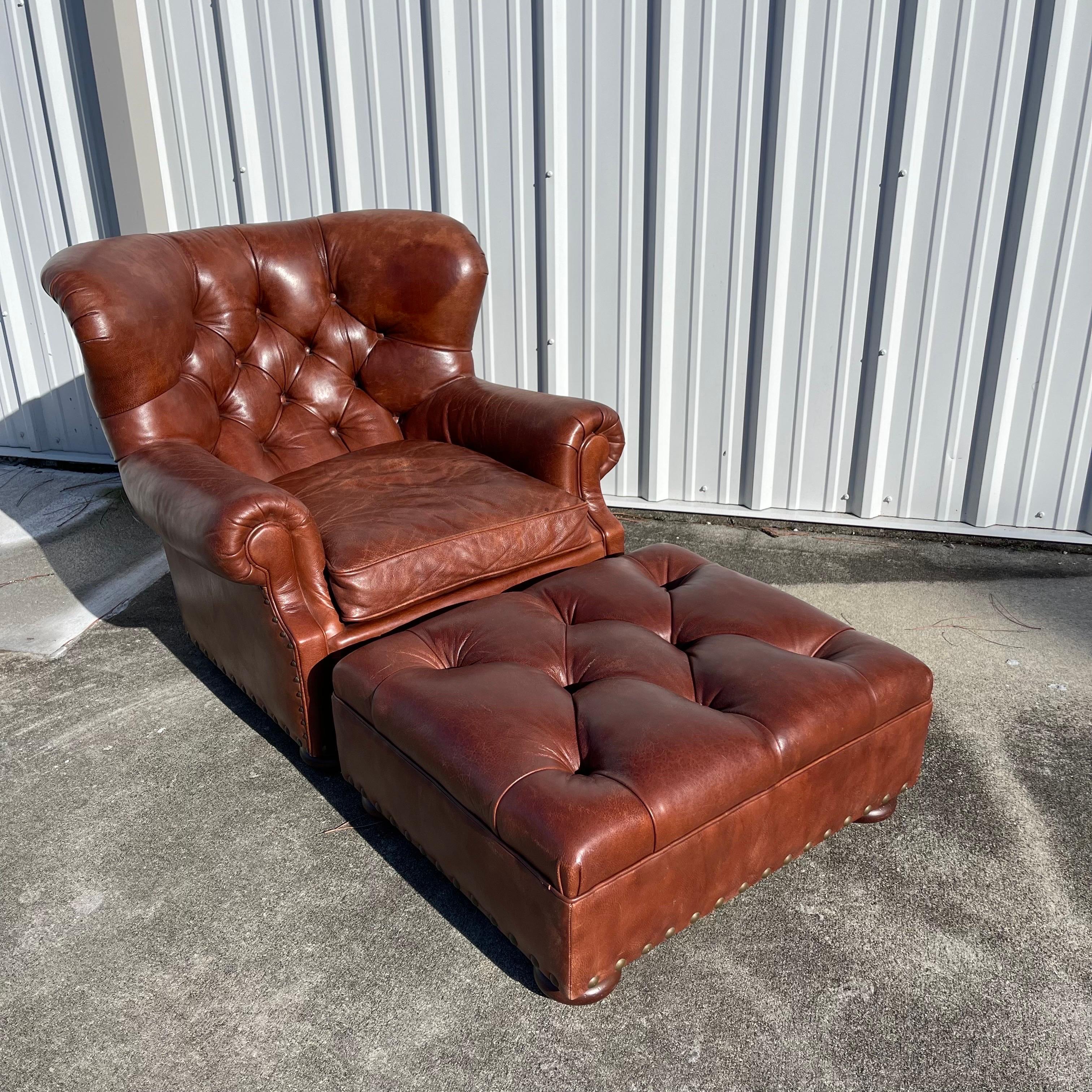 Classic Ralph Lauren style, fabulous quality craftsmanship. This supple leather has only just begun to form its patina. 


Seat width: 21”
Seat depth: 25”
Arm height: 6”

Ottoman 
33” wide
28” deep
15” high