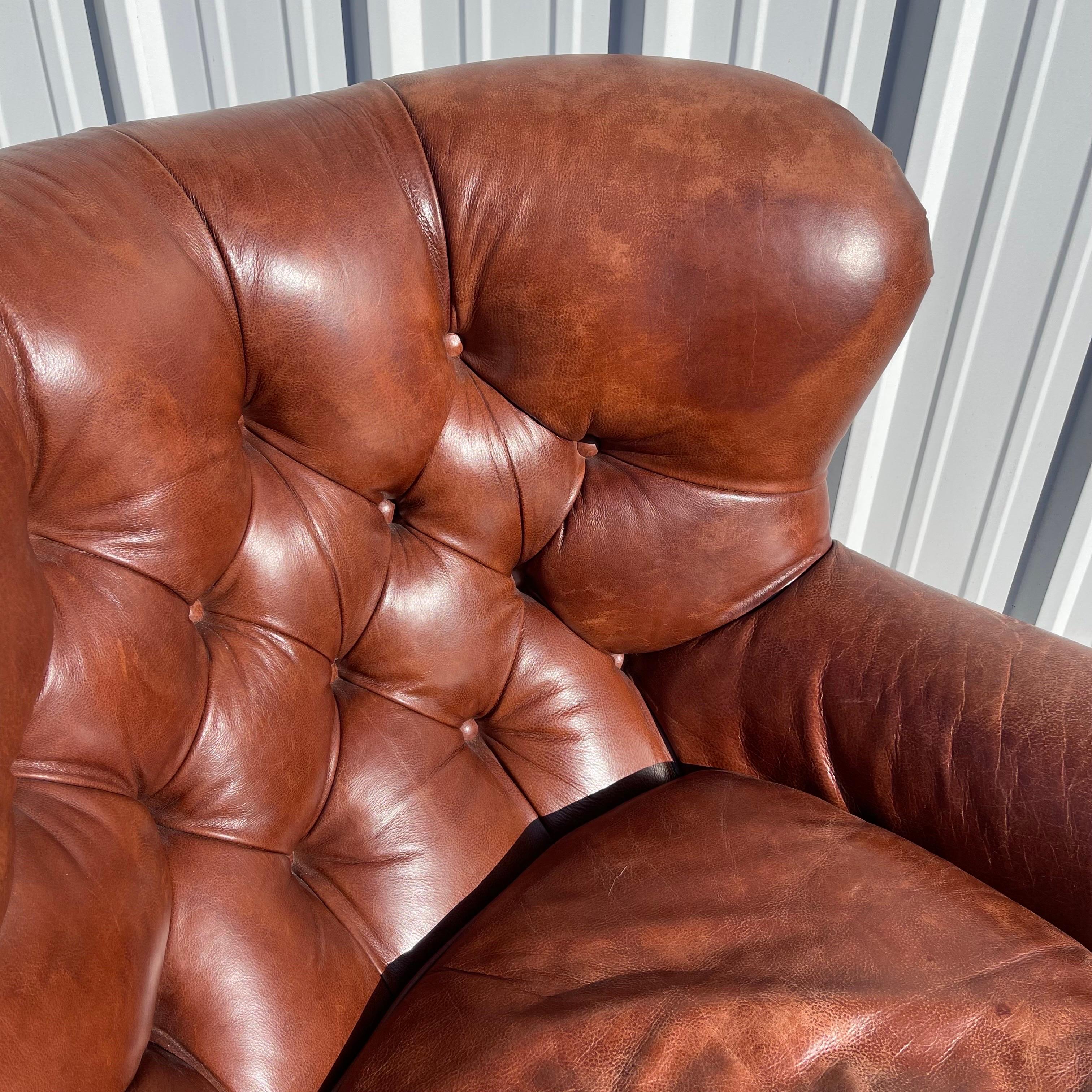 Ralph Lauren “Writer’s Chair” Tufted Leather Club Lounge Chair & Ottoman In Good Condition In Jensen Beach, FL