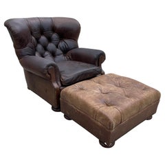 Ralph Lauren “Writer’s Chair” Wingback Tufted Leather Lounge Club Chair Ottoman
