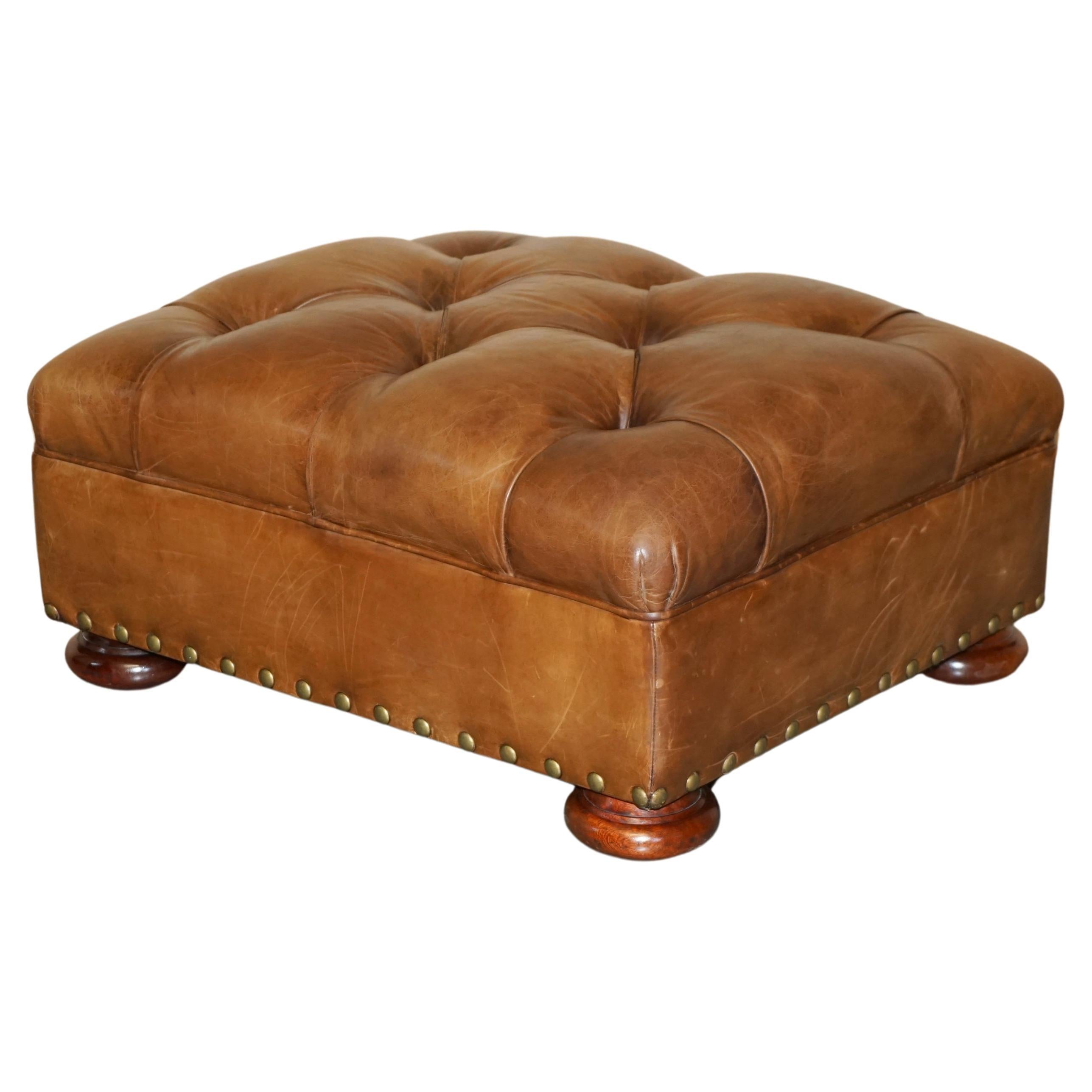 RALPH LAUREN WRITER'S CHESTERFIELD FOOTSTOOL OTTOMAN IN HERiTAGE BROWN LEATHER For Sale