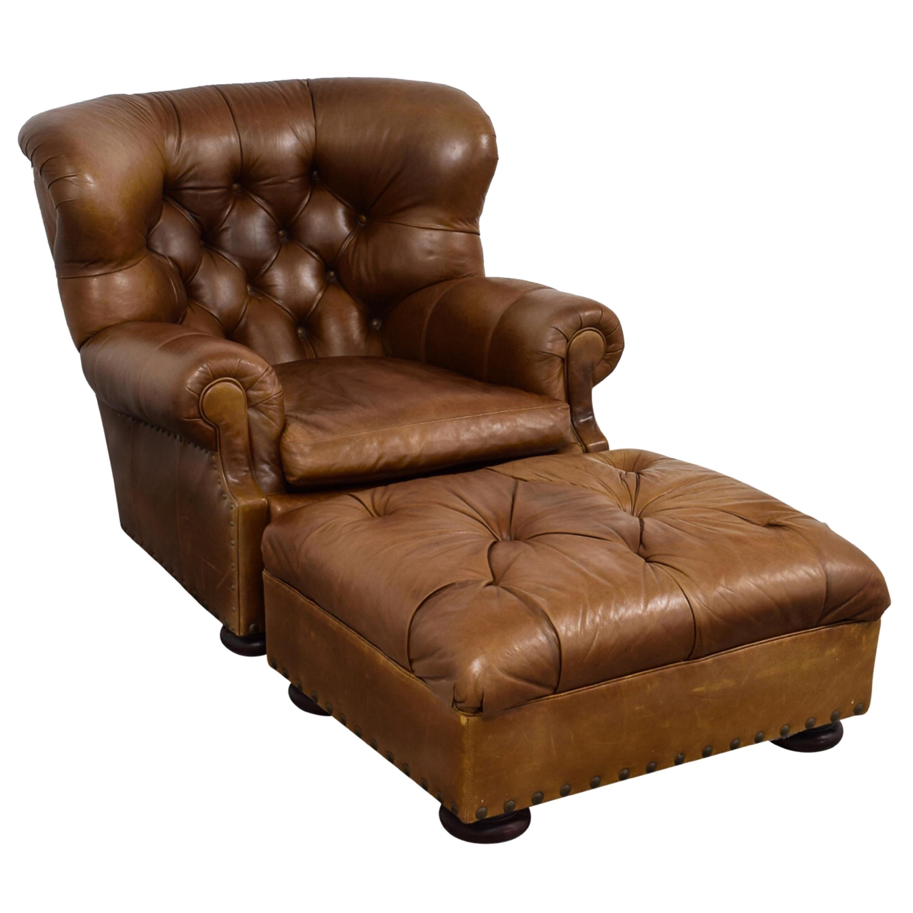Ralph Lauren Writer's Chestnut Brown Leather Wingback Armchair and Ottoman Set