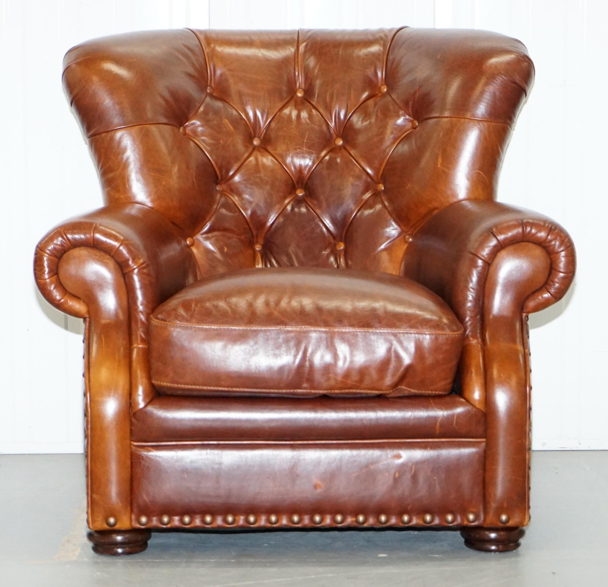 We are delighted to offer this Ralph Lauren Writers style aged brown vintage leather armchair


A fantastic iconic armchair, the original has graced many a front page in its time.

A very good looking and well-made piece in lightly restored