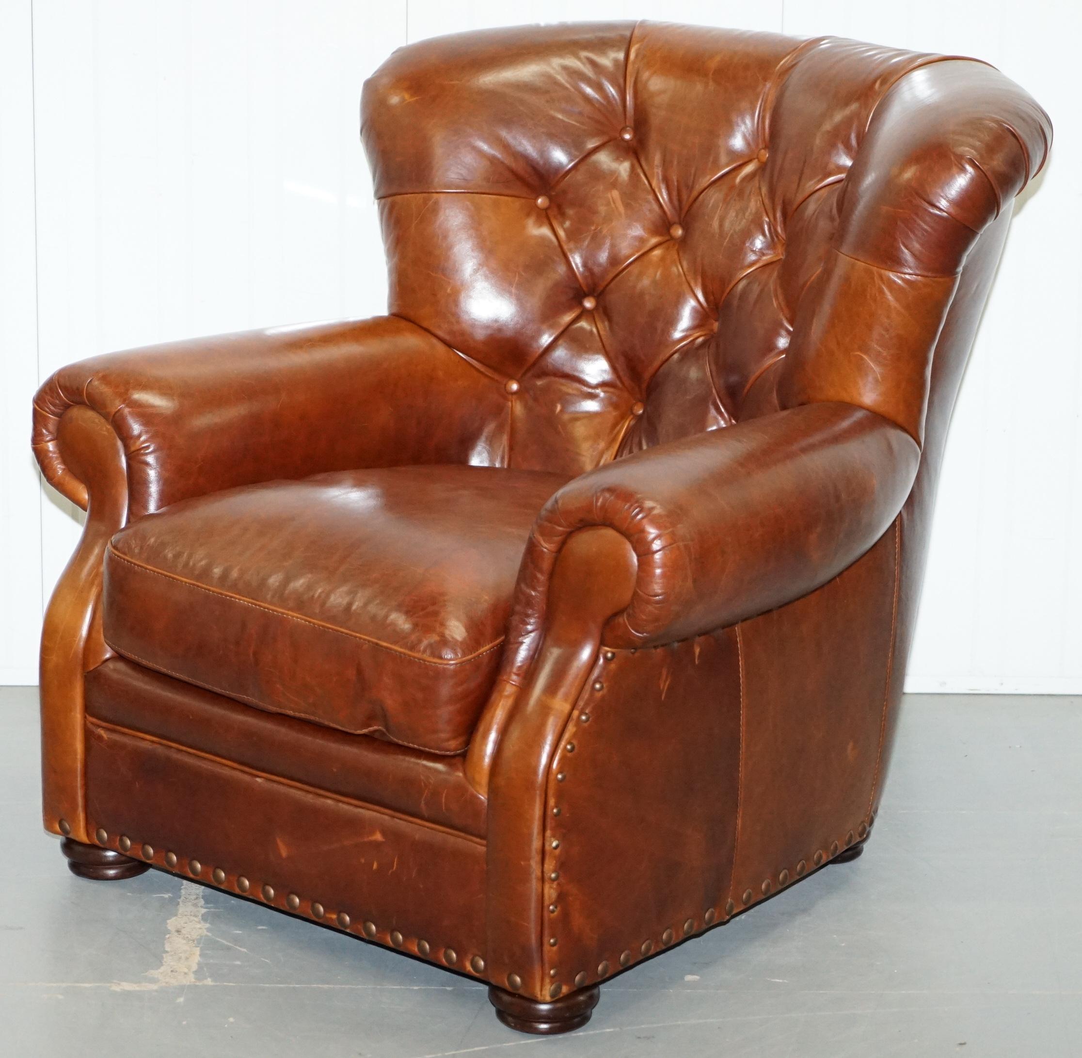 Modern Ralph Lauren Writer's Style Aged Vintage Deep Brown Heritage Leather Armchair