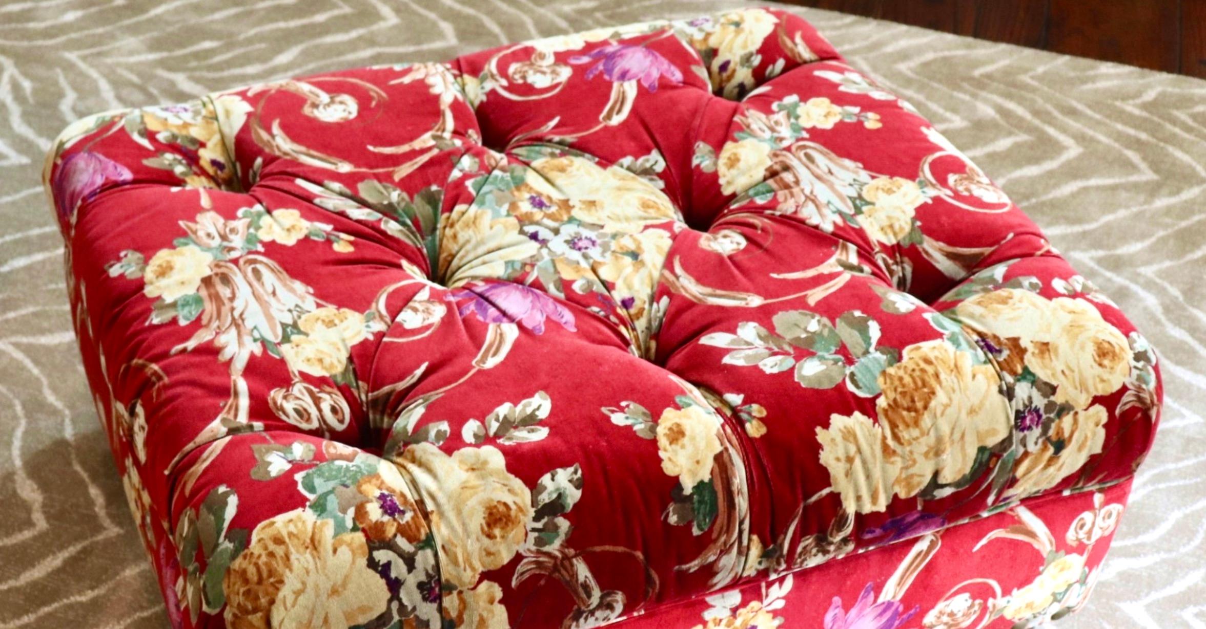 American Classical Ralph Lauren x Henredon Writer's Ottoman, Custom Red Velvet Floral, Bun Feet
