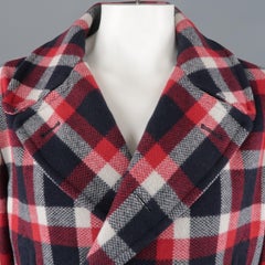 RALPH LAUREN XL Red White Blue Plaid Wool / Nylon Double Breasted Peacoat