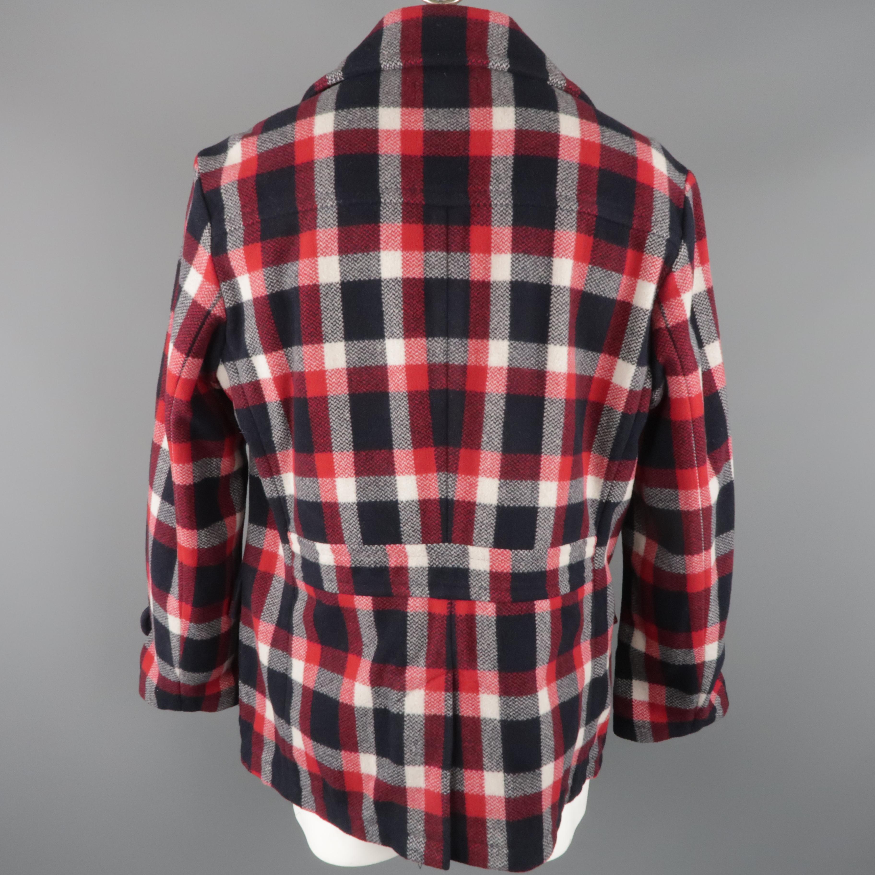 Black RALPH LAUREN XL Red White Blue Plaid Wool / Nylon Double Breasted Peacoat