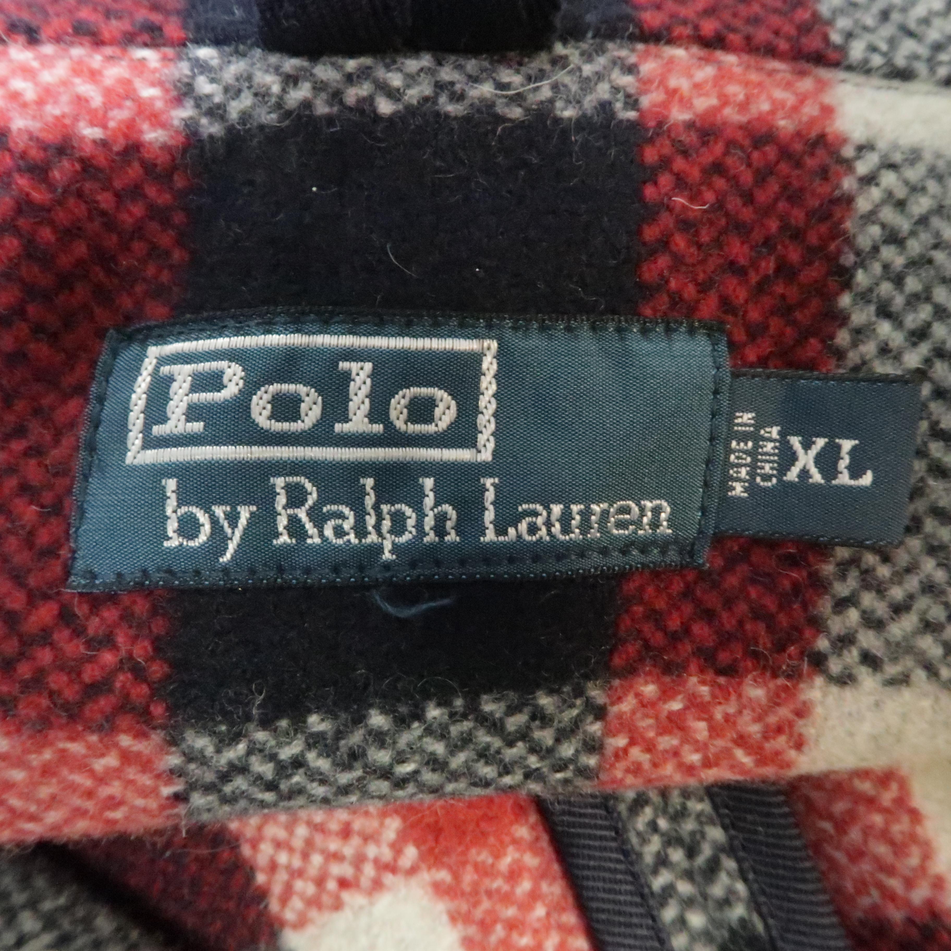 RALPH LAUREN XL Red White Blue Plaid Wool / Nylon Double Breasted Peacoat In Excellent Condition In San Francisco, CA