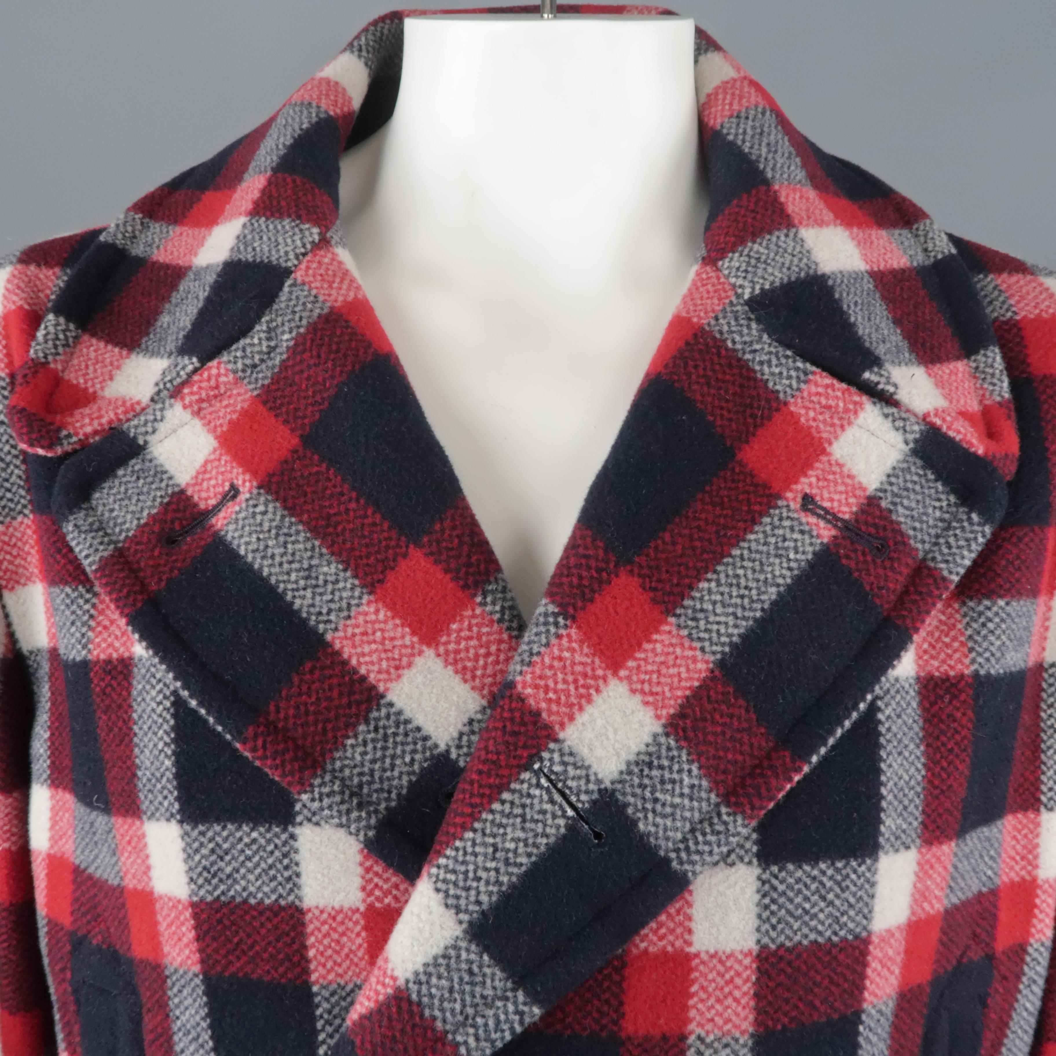 Women's or Men's RALPH LAUREN XL Red White Blue Plaid Wool / Nylon Double Breasted Peacoat