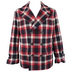 RALPH LAUREN XL Red White Blue Plaid Wool / Nylon Double Breasted Peacoat