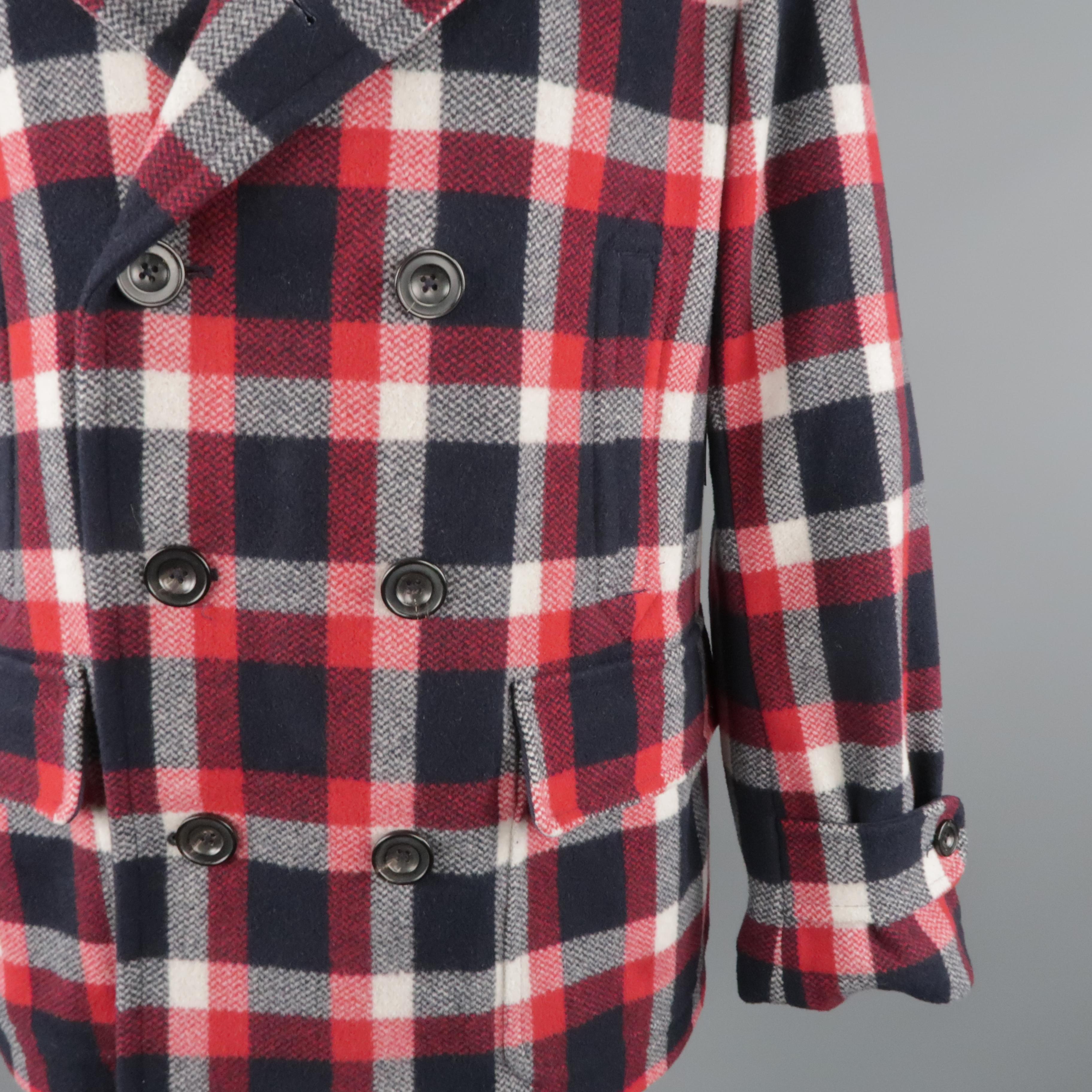 OLO by RALPH LAUREN peacoat comes in red multi-color plaid wool featuring a notch lapel, slit & patch pockets, and a double breasted closure.
 
Excellent Pre-Owned Condition.
Marked: XL
 
Measurements:
 
Shoulder: 21.5 in.
Chest: 48 in.
Length: 29