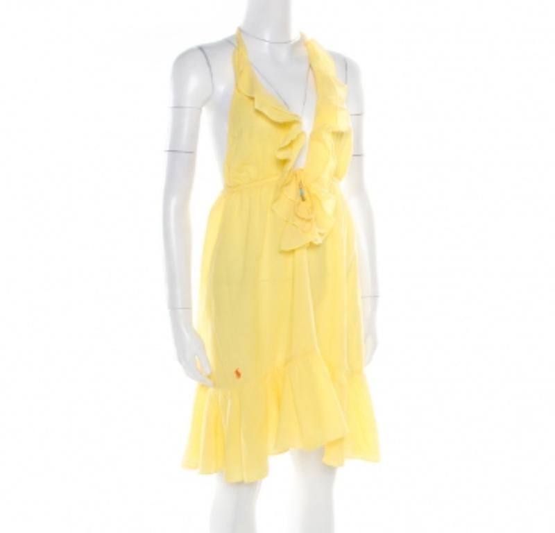 Giallo Ralph Lauren - Vestito da sera in cotone increspato con volant M. in vendita