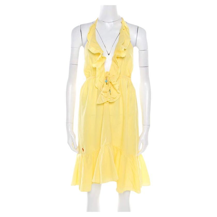 Ralph Lauren Yellow Crinkled Cotton Ruffled Halter Sundress M For Sale