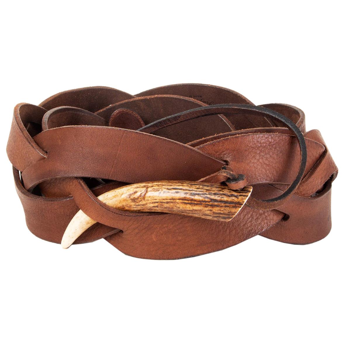 RALPH LAURENT dark brown leather Braided HORN Belt One Size