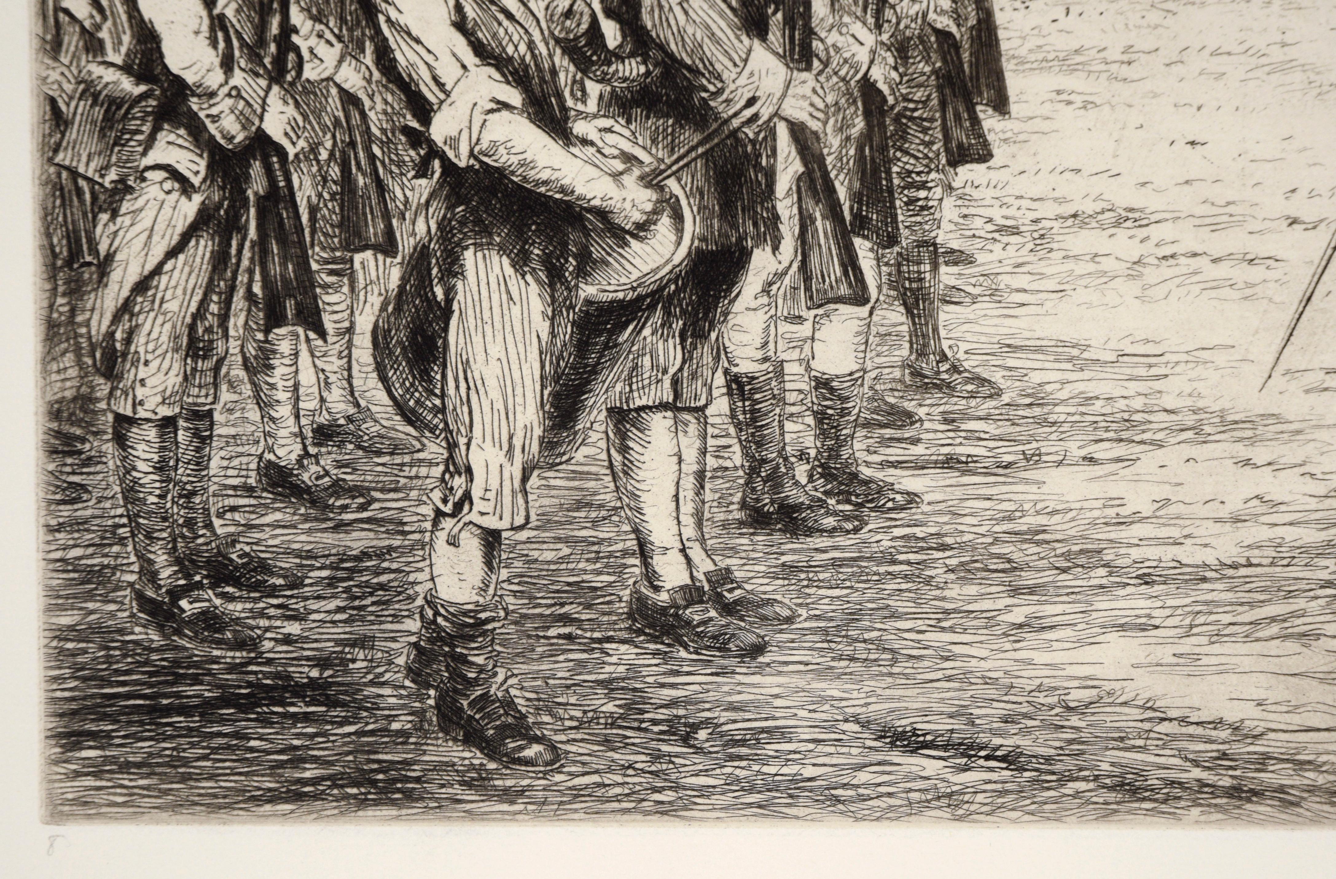 Washington asume el mando - Aguafuerte en tinta sobre papel

Grabado histórico de Ralph Ludwig Boyer (estadounidense, 1879-1952). Se muestra a George Washington sosteniendo una espada, con un ejército en posición de firmes frente a él. Detrás de él