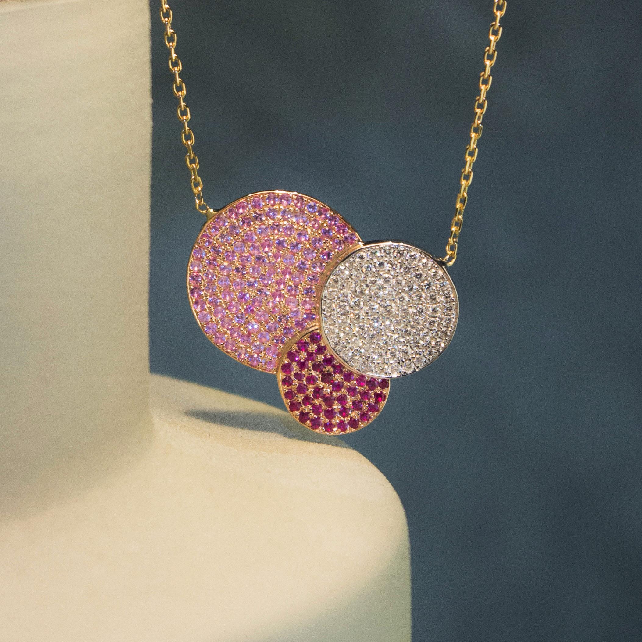 Round Cut Ralph Masri 1919 Diamond Ruby Pink Sapphire Necklace For Sale
