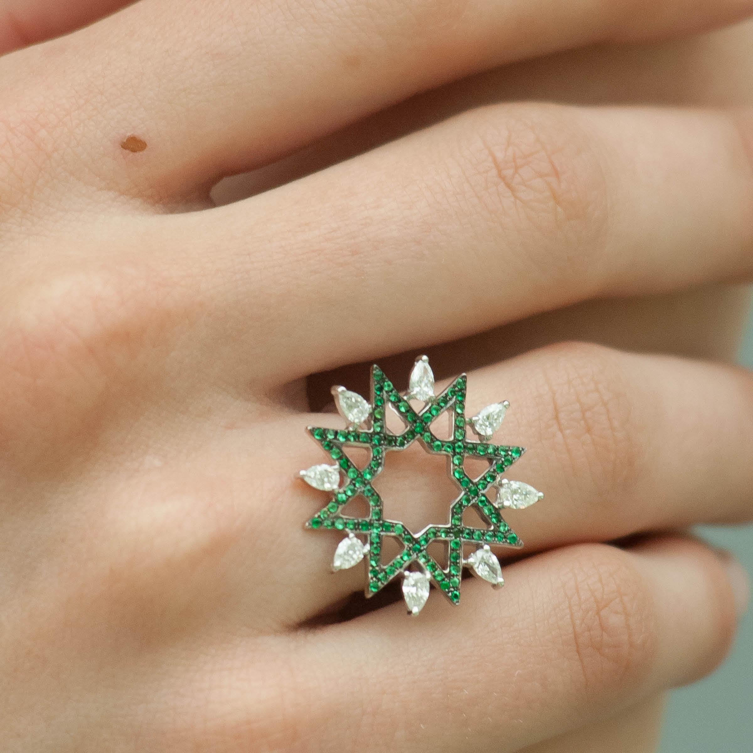 Add a stellar touch to any look with this standout ring. Richly-hued emeralds are accented with pear shaped diamonds.

18K White Gold
Diamond TCW is 0.90
Emerald TCW is 0.80
Diameter of embellishment is approx. 1 inch
Ring is size 7
