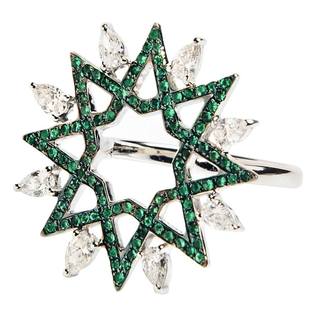 Ralph Masri Arabesque Deco Diamond and Emerald Ring For Sale