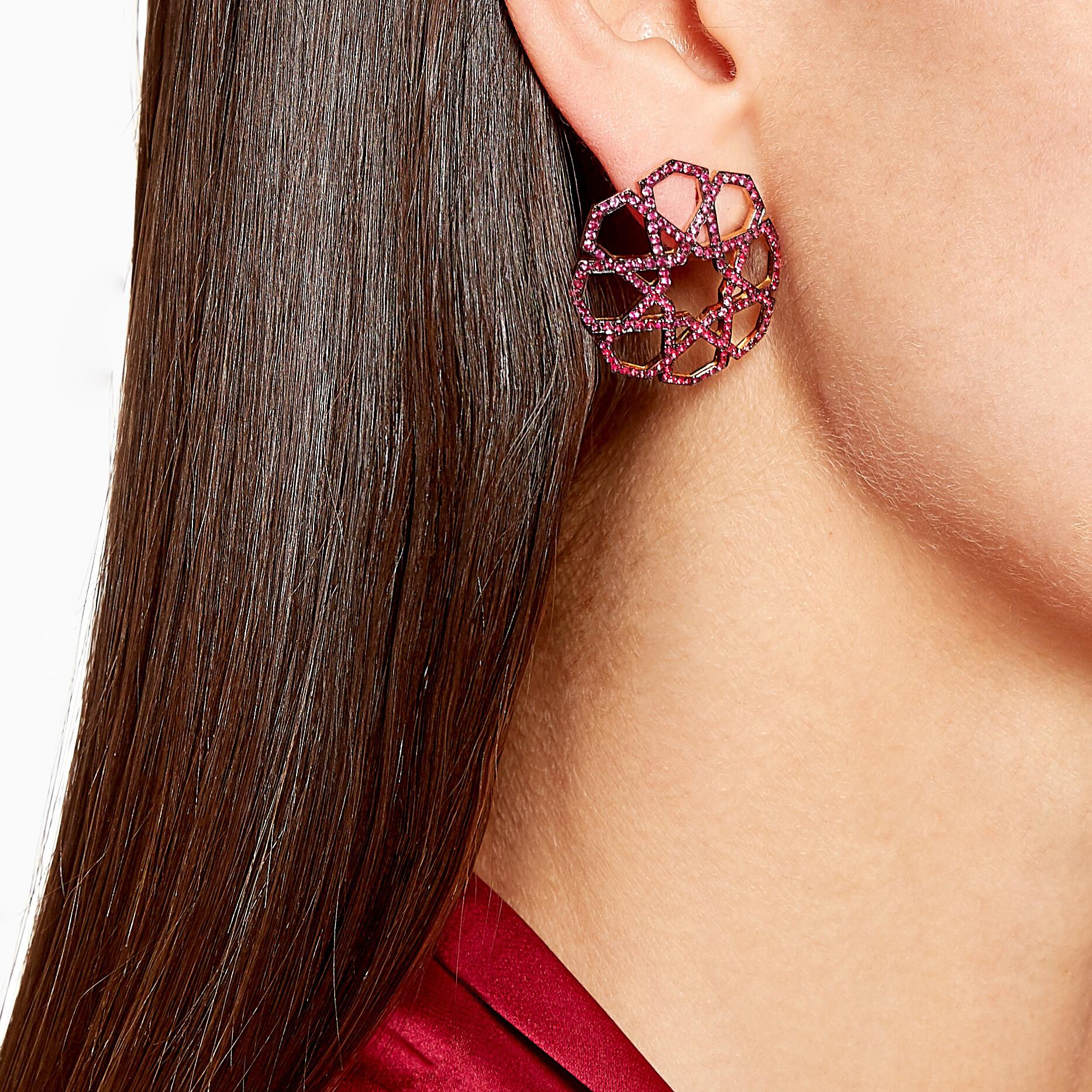 Elegant 18kt rose gold domed earrings with rubies from Ralph Masri's Arabesque Deco collection, inspired by Middle Eastern patterns and motifs infused with an Art Deco touch.

Available in yellow, rose or white gold.

Push backs for pierced ears.