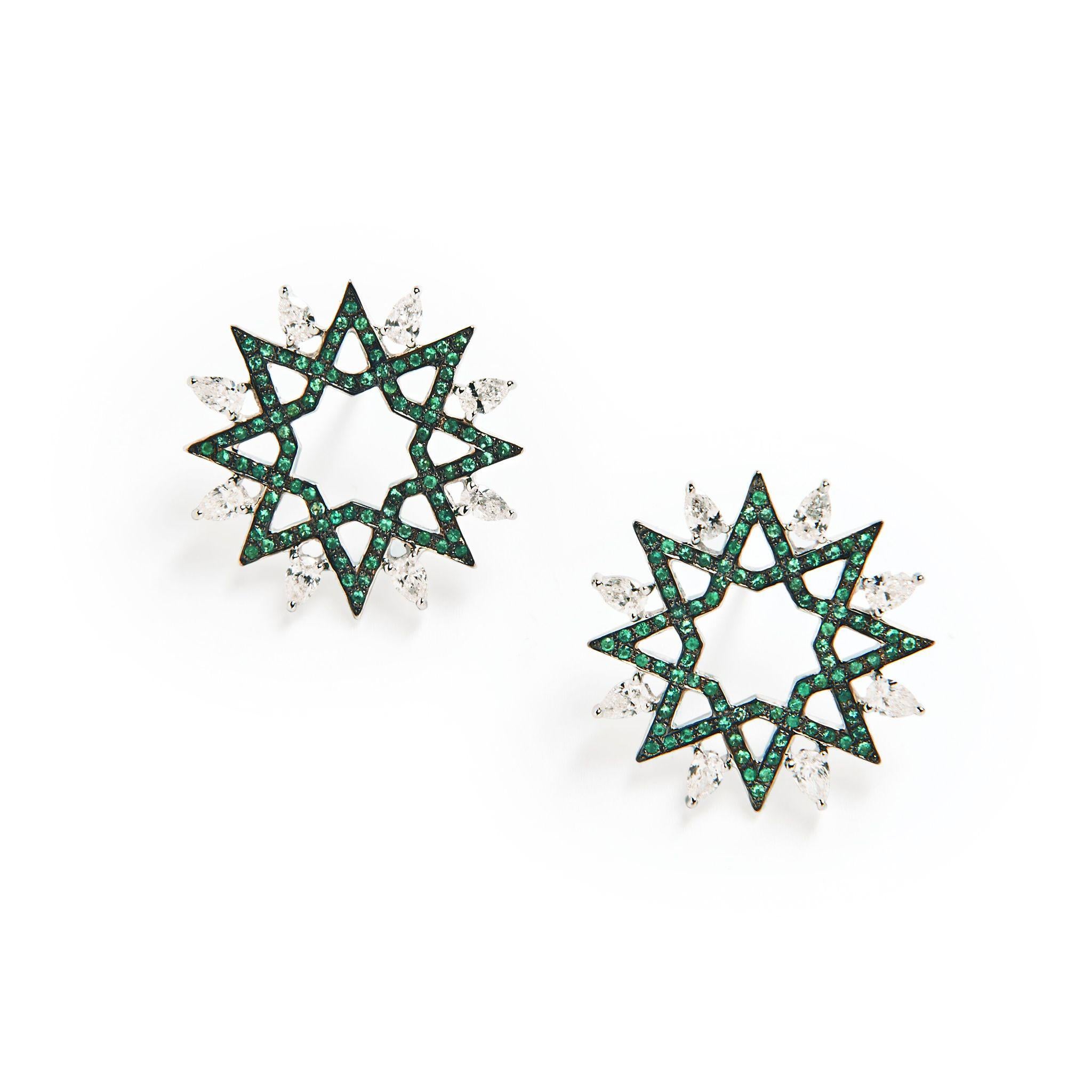 Contemporary Ralph Masri Arabesque Deco Emerald and Diamond Earrings For Sale