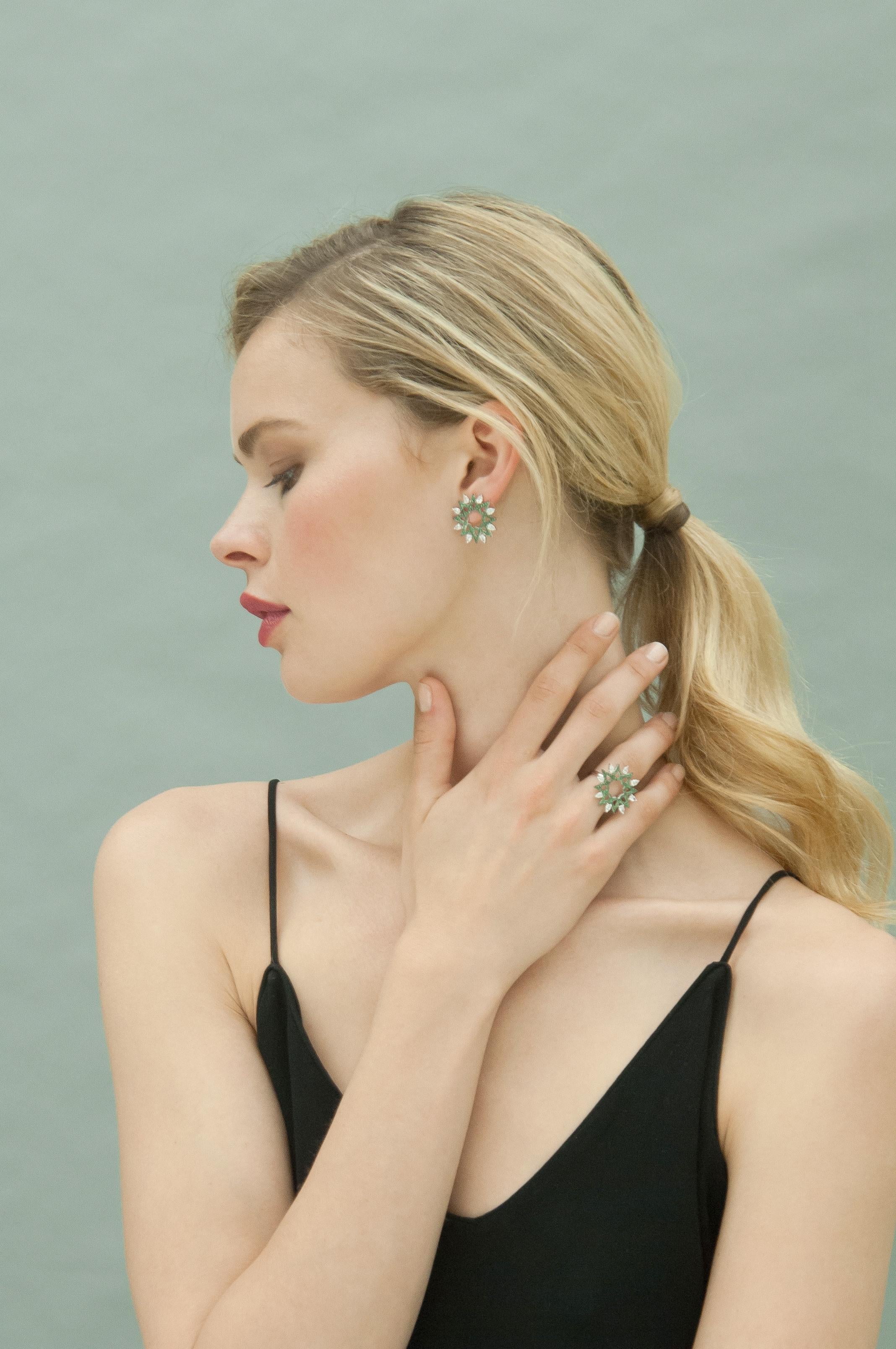 Ralph Masri Arabesque Deco Emerald and Diamond Earrings In New Condition For Sale In Weston, MA