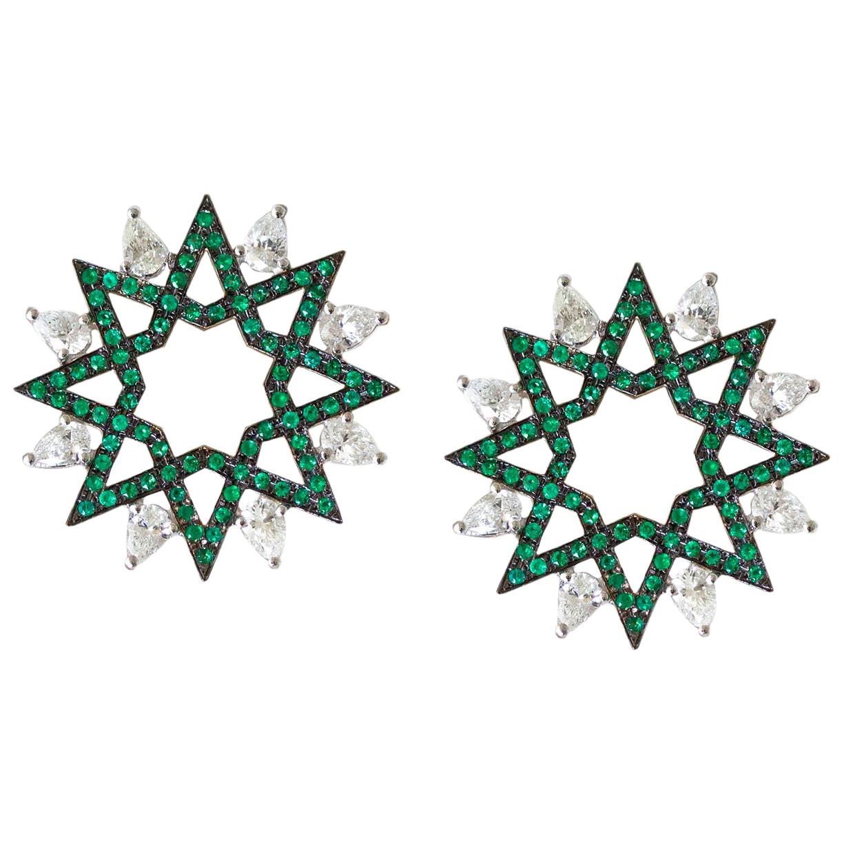 Ralph Masri - Clous d'oreilles arabesque déco émeraude diamant étoile