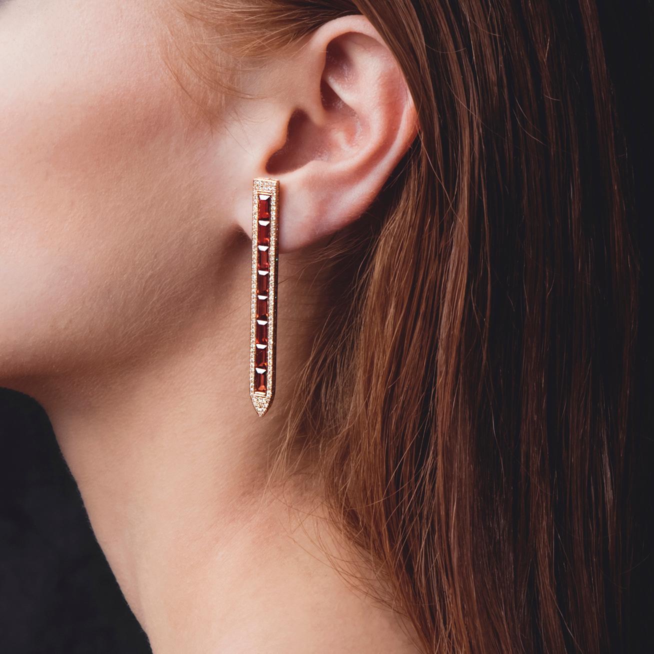 18kt rose gold earrings with champagne diamonds and garnet baguettes from Ralph Masri's Sacred Windows collection, inspired by the stained glass artwork of cathedrals and churches.

Available in yellow, rose or white gold.

Push backs for pierced