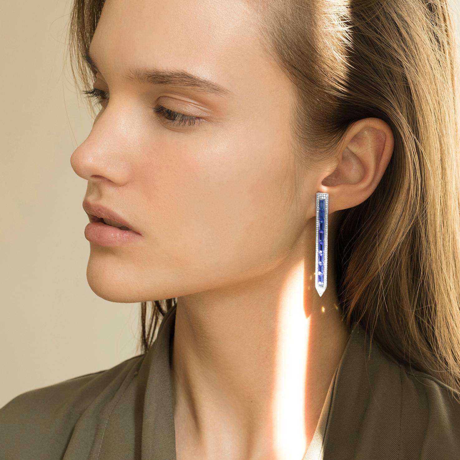 18kt white gold earrings with diamonds and iolite baguettes from Ralph Masri's Sacred Windows collection, inspired by the stained glass artwork of cathedrals and churches.

Available in yellow, rose or white gold.

Push backs for pierced ears.