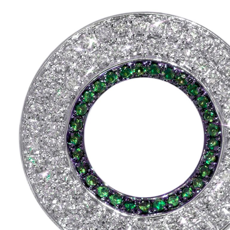 Round Cut Ralph Masri Modernist Circular Diamond and Emerald Earrings For Sale