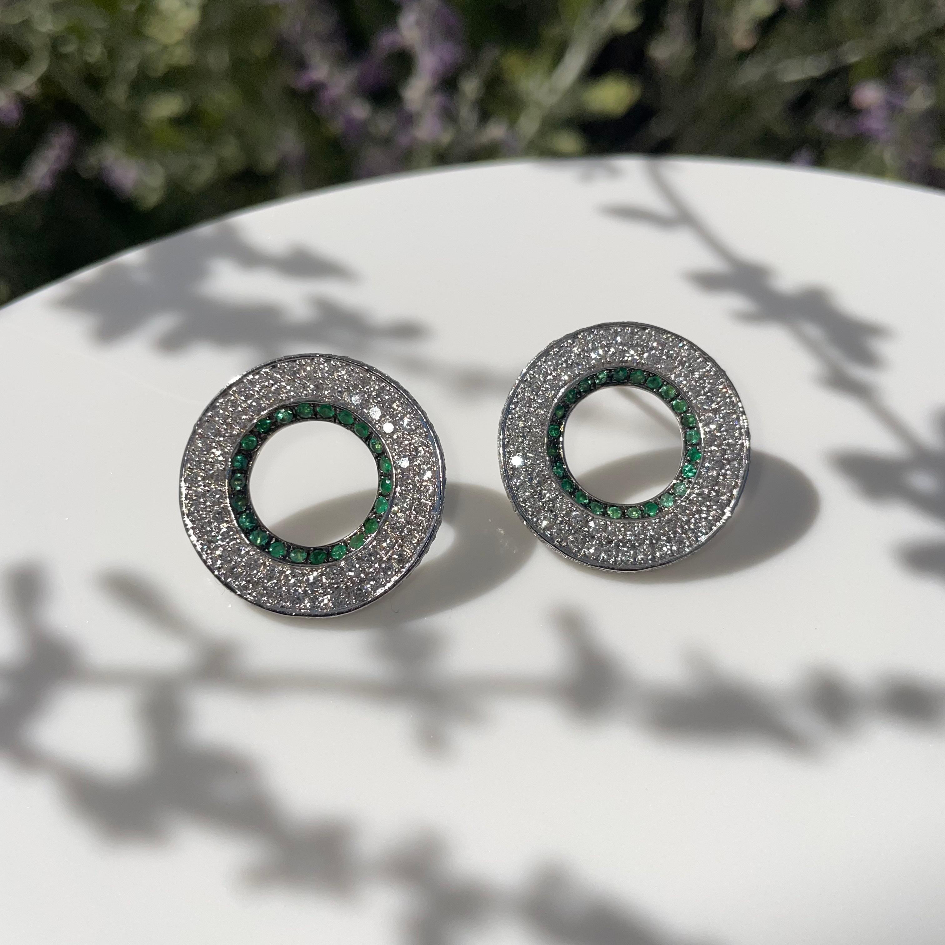 Women's Ralph Masri Modernist Circular Diamond and Emerald Earrings For Sale