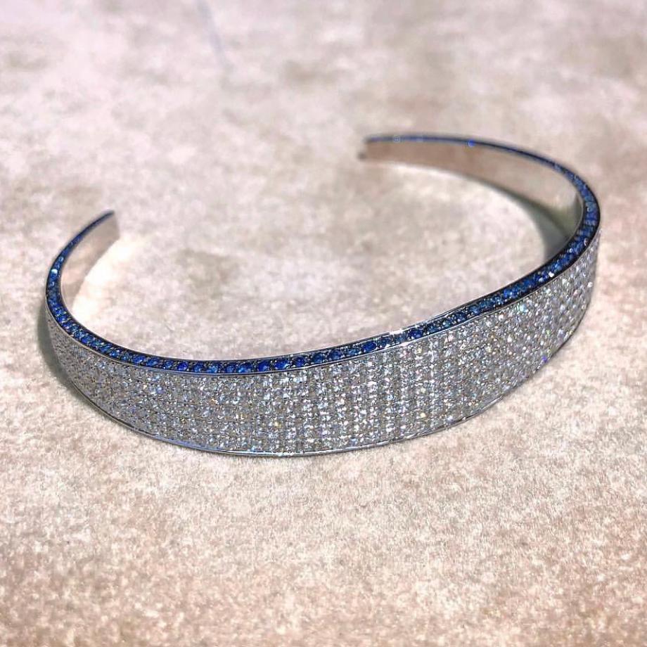 Round Cut Ralph Masri Modernist Diamond and Sapphire Bracelet For Sale