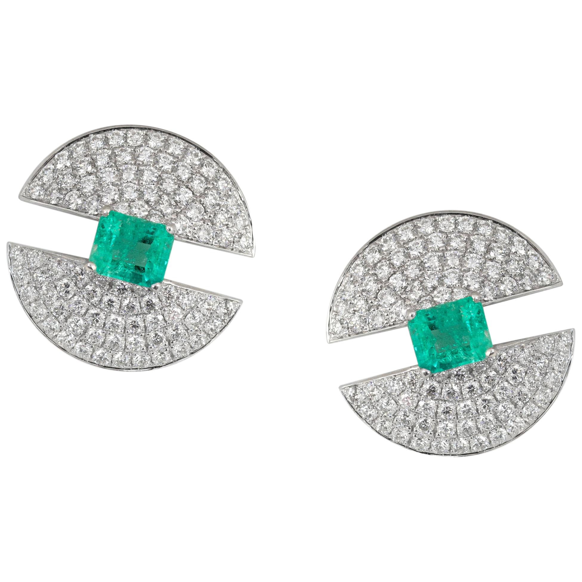 Ralph Masri Modernist Domed Emerald Diamond Earrings For Sale