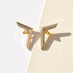 Ralph Masri Phoenician Script 18kt Yellow Gold Diamond Sapphire Earrings