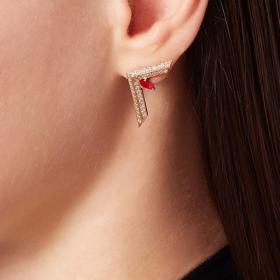 18kt rose gold earrings with diamonds and rubies from Ralph Masri's Phoenician Script collection, inspired by the ancient Phoenician alphabet.

Available in white, yellow or rose gold.

Push backs for pierced ears.