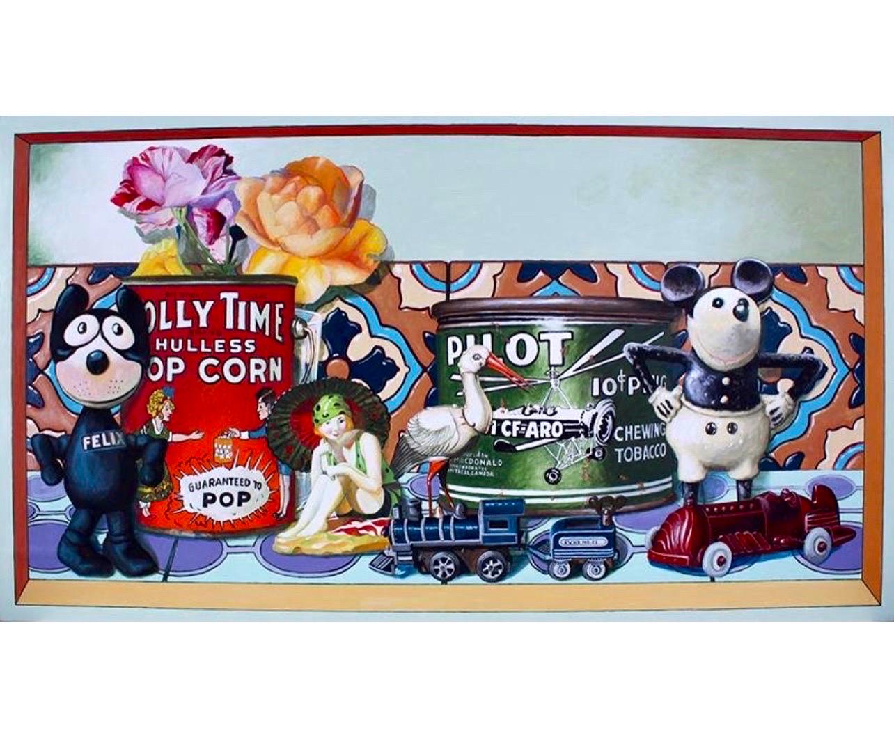 ARTIFACTS, 2015, 
Acrylic painting on paper artist mounted to panel, 
Hand signed and dated right side
Dimensions:  24 x 43 x 1 ¾”
This depicts an old cast iron Mickey Mouse, Felix the Cat, an old tin can of pop corn and other vintage, nostalgic,